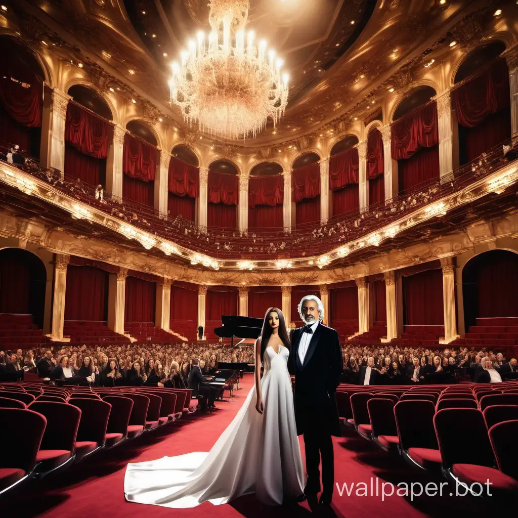 Two beautiful girls and a singer who looks like Andrea Bocelli sing Opera on a beautiful stage surrounded by a very beautiful interior, symphonic orchestra