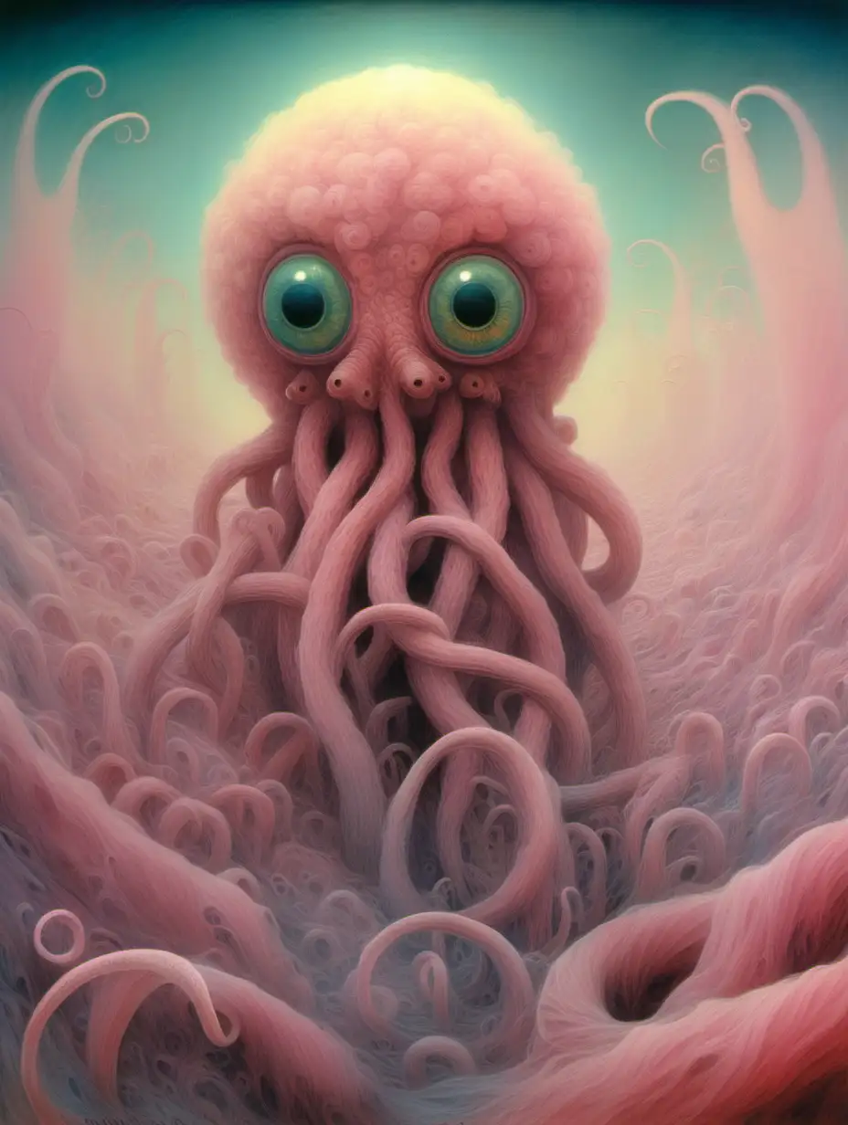 Surreal Pastel Art Furry Creatures with Bright Eyes and Tentacles