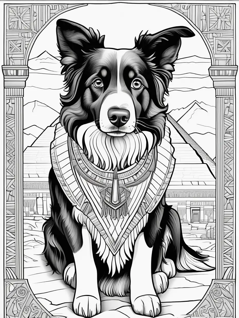Adult Coloring Book page of a border collie in Egypt, thin lines, low detail, no shading