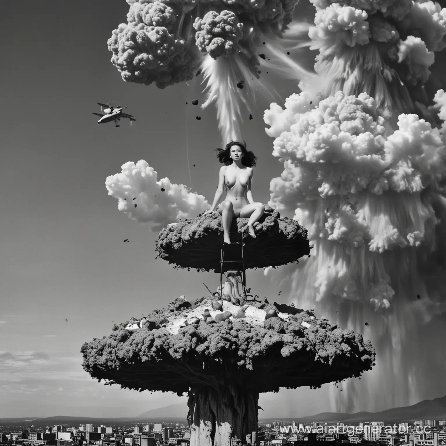 Naked girl riding on top of a falling atomic bomb