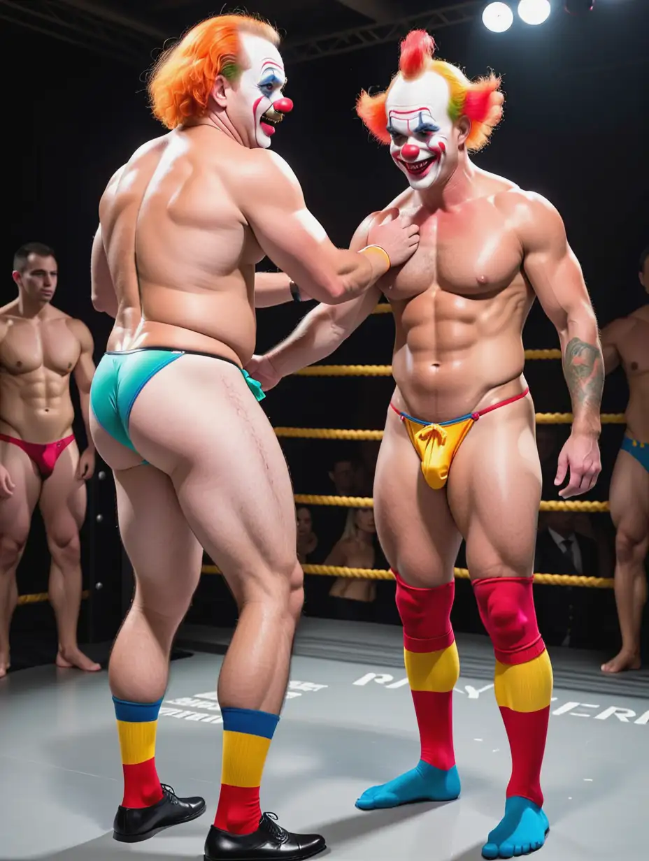 Sexy beefy gay male horror clowns spanking each other, slap booty each other, wearing only thong speedo