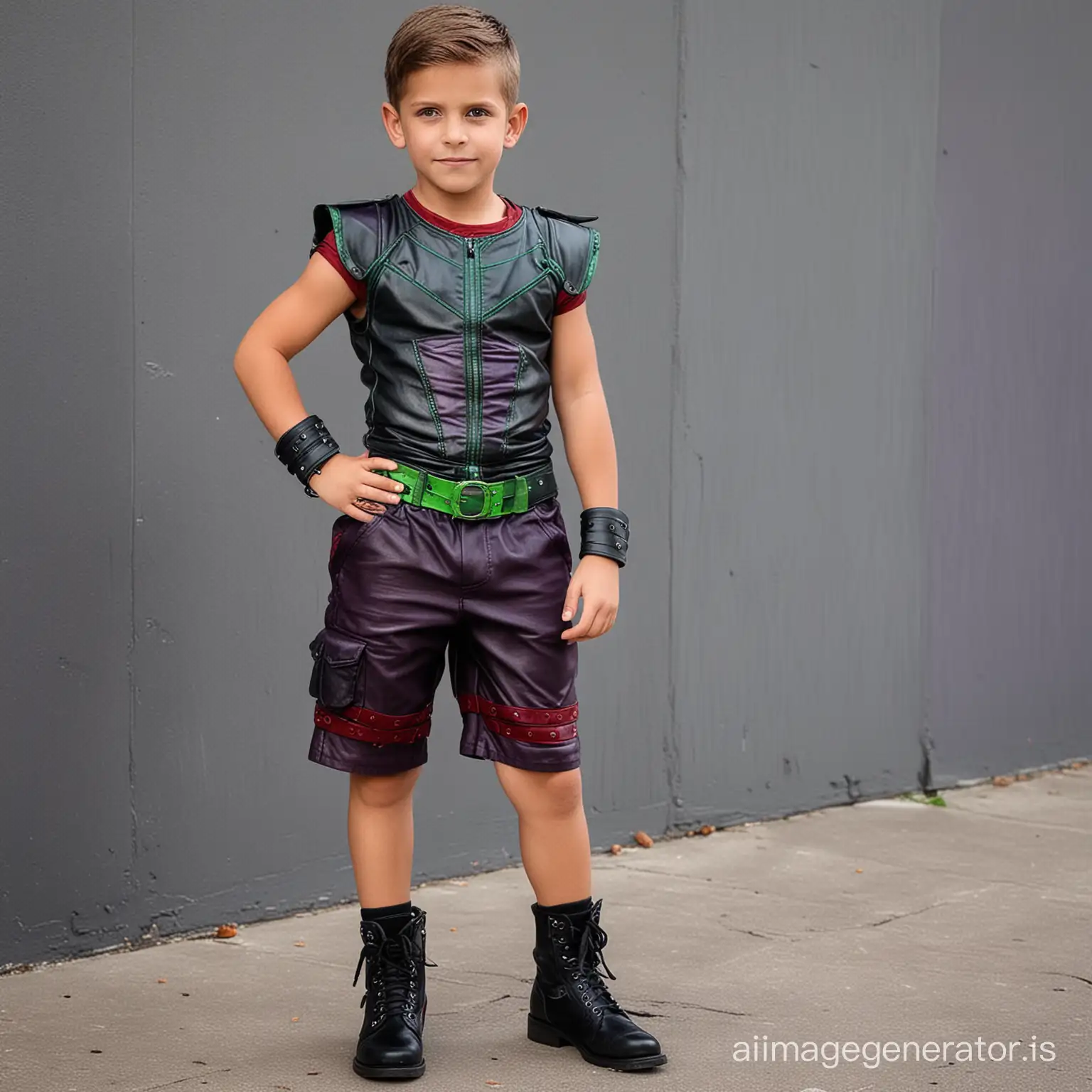Create a villain outfit for a strong 8 year old boy villain with abs, cool, wicked, leather, shorts, comfortable yet intimidating, various shades of purple and red with hints of green and black