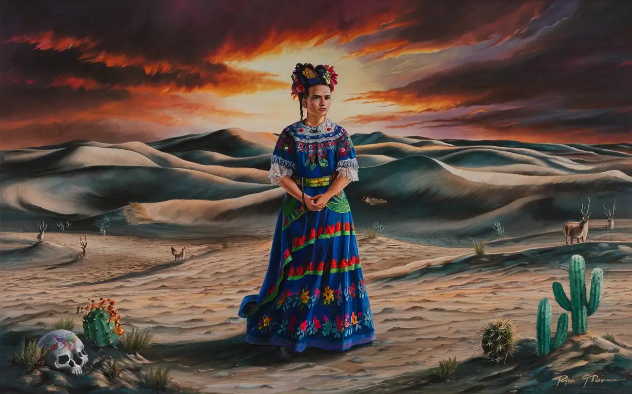 Imagine a painting in the style of Frida Kahlo depicting a lone woman standing in the expansive, barren landscape of a desert. This portrait captures the stark beauty and solitude of the scene, infused with Kahlo’s distinctive use of vivid colors and symbolic elements.

The woman is positioned in the center of the canvas, her posture resolute yet embracing the vastness around her. She wears a traditional Mexican dress that is richly embroidered with vibrant floral patterns, which stand out against the muted tones of the desert. Her hair is styled in a typical Kahlo fashion, braided with colorful ribbons and flowers, adding a touch of life to the otherwise stark environment.

The desert stretches out behind her, a vast expanse of undulating sand dunes under a fiery sunset sky. The sky is a dramatic blend of oranges, reds, and purples, reflecting both the harshness and the beauty of the desert. Cacti and sparse desert flora dot the landscape, providing a hint of resilience and adaptation.

Kahlo’s symbolic use of imagery can include a series of ethereal, almost surreal elements like a pair of deer watching from a distance, representing vigilance and grace, or a scattered array of small, vividly painted skulls buried partially in the sand around her feet, symbolizing mortality and the cycle of life and death in such an unforgiving terrain.

This painting not only portrays the physical solitude of being alone in a vast desert but also explores themes of personal strength, cultural identity, and the profound connection between life and the natural world, all central to Kahlo’s artistic exploration.