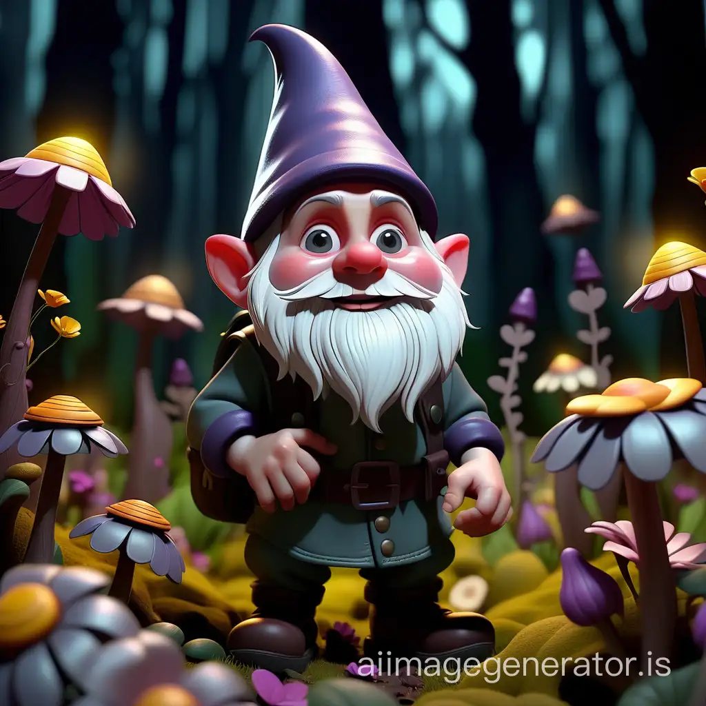 A little gnome hunts for bees around flowers. Dark forest, flickering lights. In the style of Pixar.