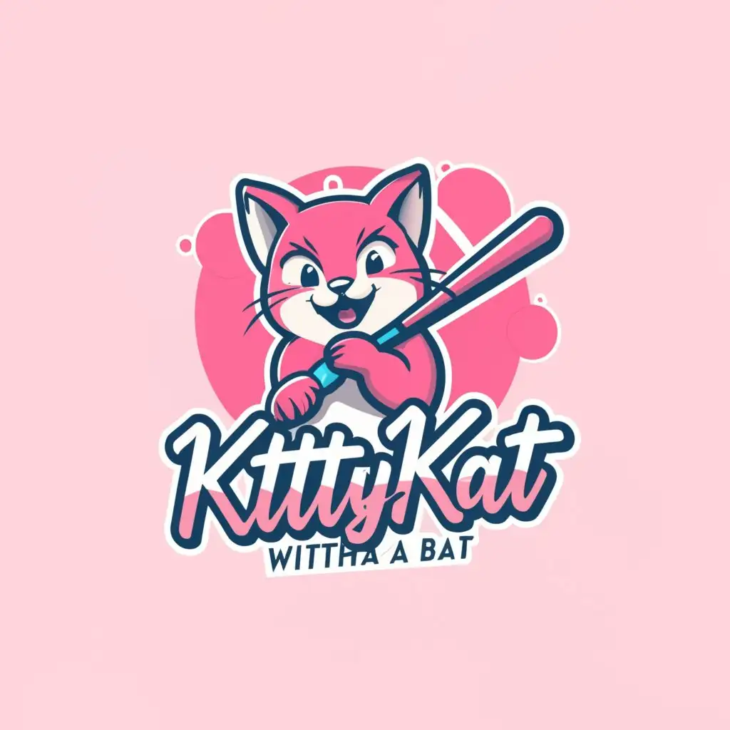 LOGO-Design-For-KittyKatWithABAT-Playful-Cat-Holding-Baseball-in-Feminine-Style
