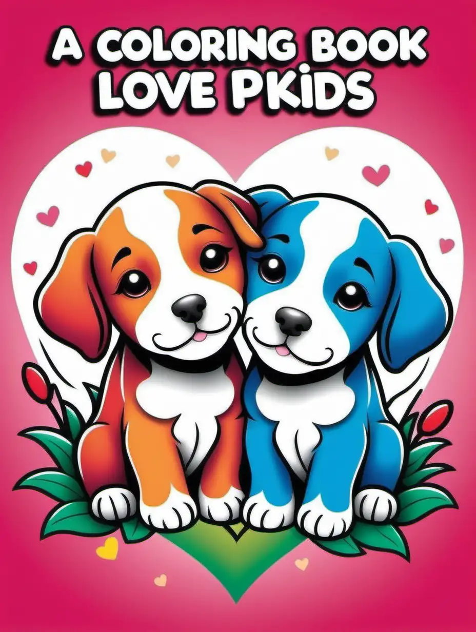 A coloring book cover  for kids age 2 to 6.  Colorful, 2 puppies in love,  Negative space at the top for title.  No words or writing on the page, fully colored
