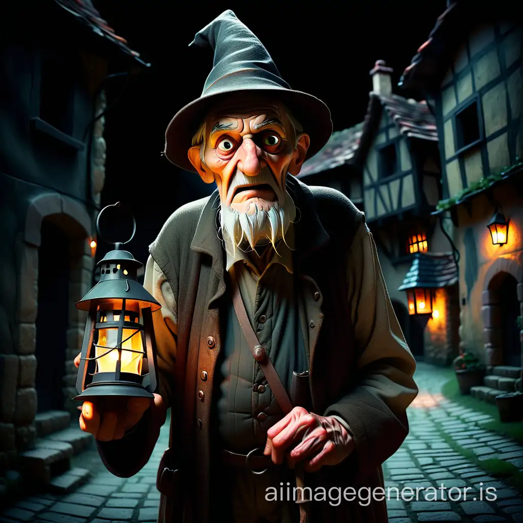 UN VIEIL HOMME, GRAND, PORTANT UN CHAPEAU et tenant une vieille lanterne allumée, dans une rue sombre d'un village médiéval. Il est inquiétant et menaçant. image avec fond d'arrière plan noir (fondu)