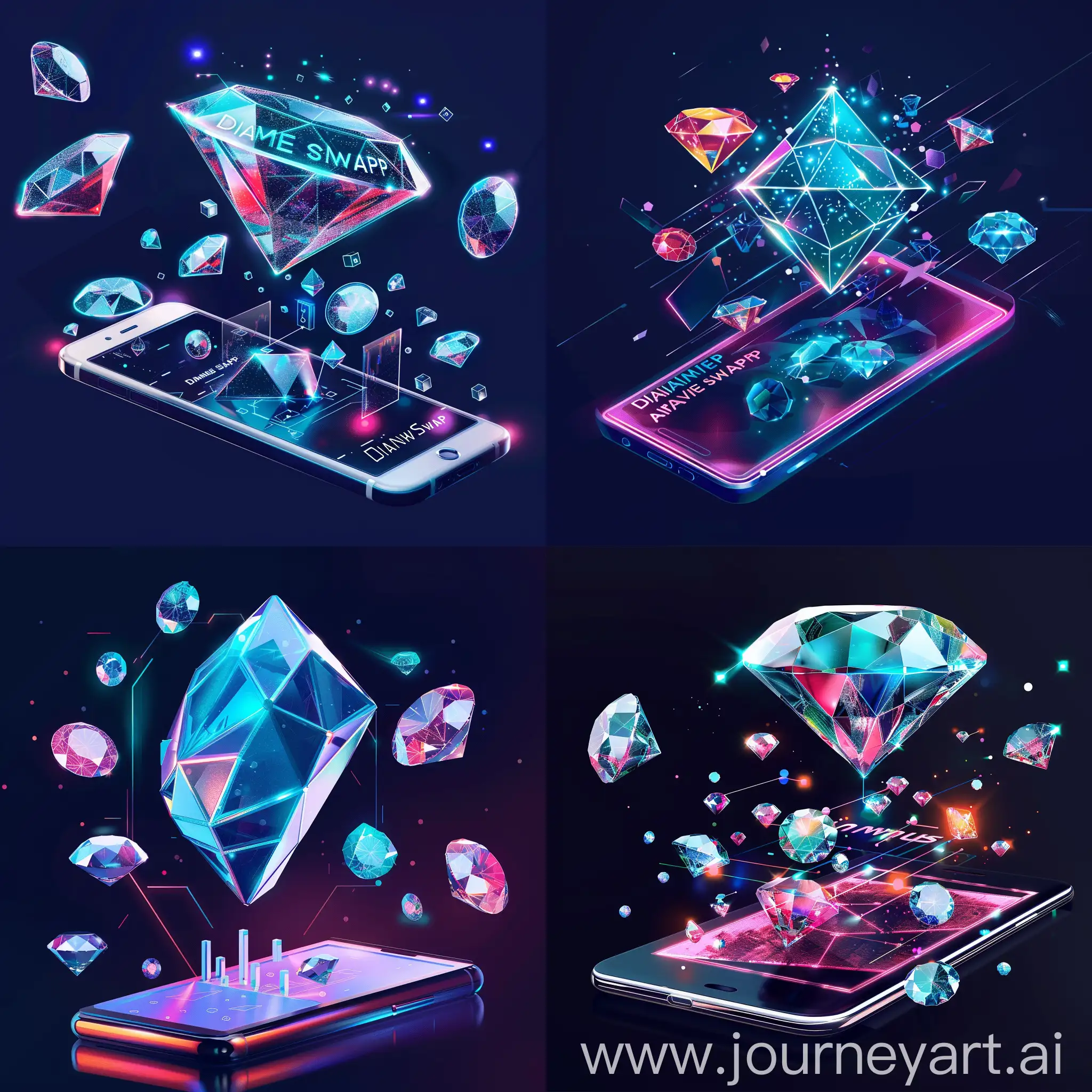 Image of a futuristic diamond-shaped cryptocurrency logo floating above a smartphone screen, surrounded by vibrant digital diamonds and tech elements. The bold text reads "Diamond Swap Airdrop Alert! 💎✨ 