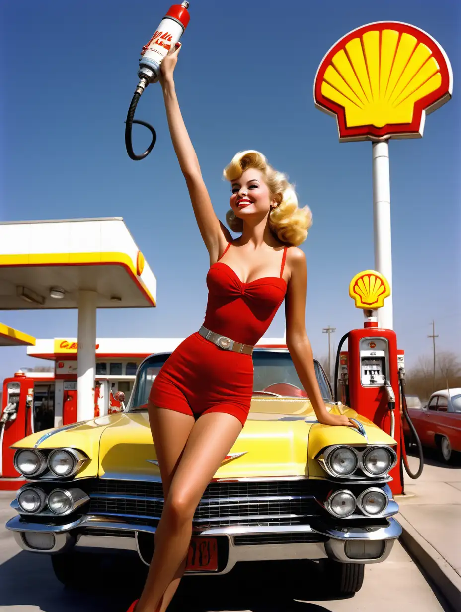 En sexig flicka på ett stort motor tändstift ovanför bensinstationen, hon vinkar och är glad. under finns en bensinstation shell från 1960-talet, där finns en blå metallic cadillac bil,som en sexig kvinna tankar med bensin, håller i bensinslangen , hon är klädd i bensinmackens kläder i röd ovandel och gul underdel