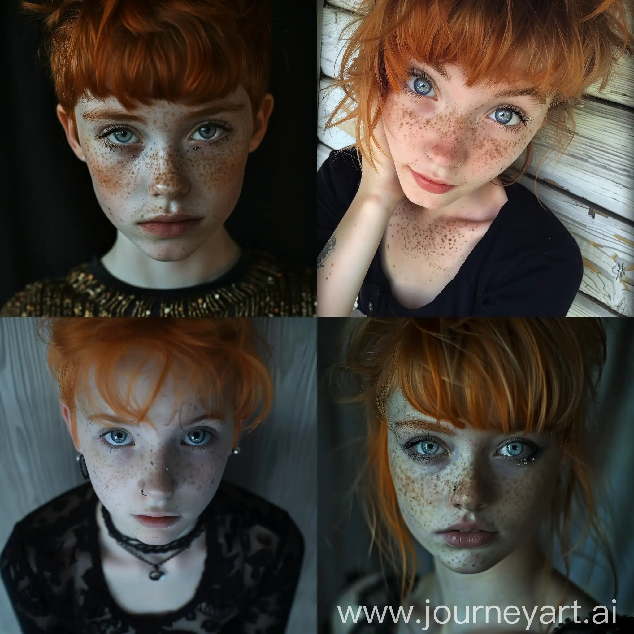 16 year old girl goth pixie red hair, freckles, icy blue eyes