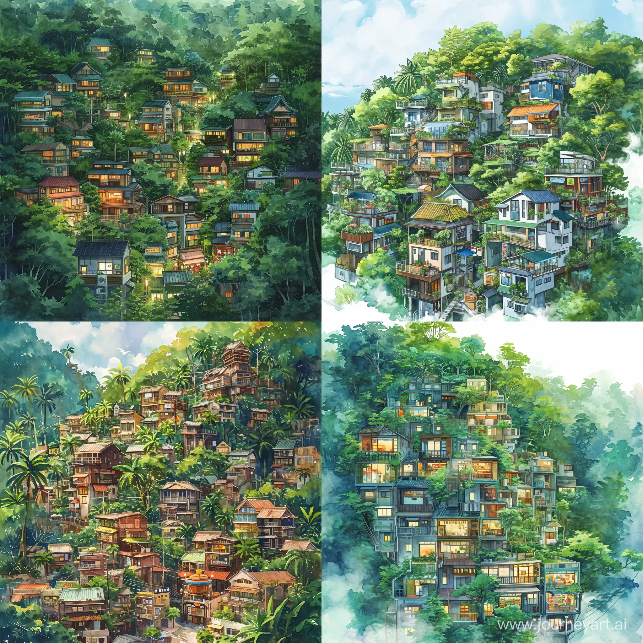 A massive town in a massive jungle with lots of shops and apartments, anime, watercolor