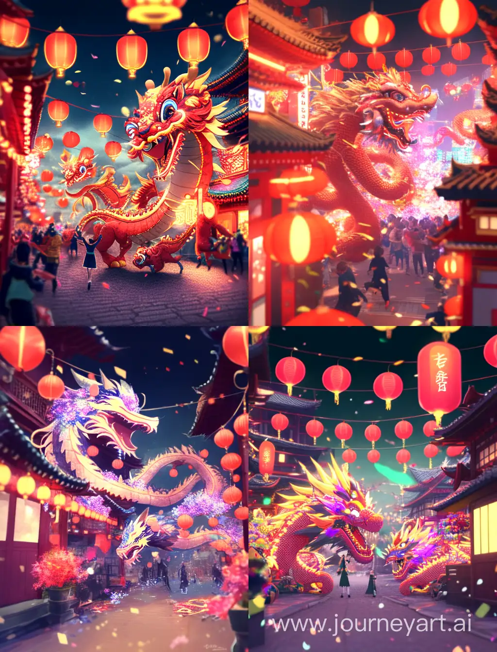 Chinese lively dragon dance scene, streets, lanterns, fireworks, resolution ，cinematic shot, HQ image, 957＊1287