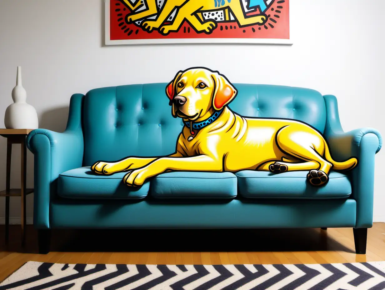 a cartoon character yellow labrador retriever laying on a couch, without collar, in a cozy living room, vibrant color, white background, in the combination style of street art and Keith Haring