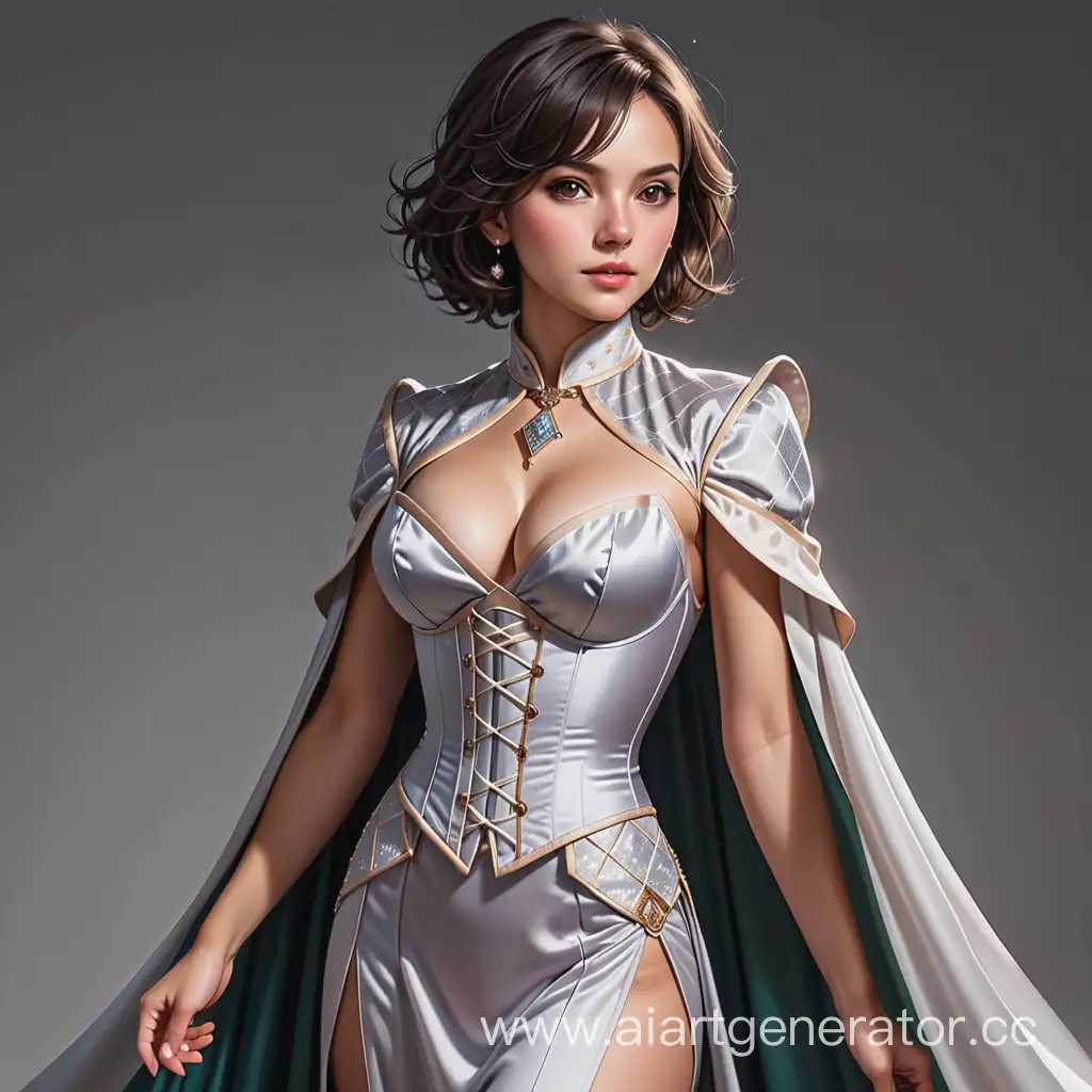 A young brunette female mage with short hair falling to shoulder length, tanned skin and dark eyes, dressed with a robe that has a fine, tight collar open in a diamond pattern over a corset that covers the bust, with wide silk sleeves and a flowing ankle-length skirt, the entire suit in pearl gray fabric.