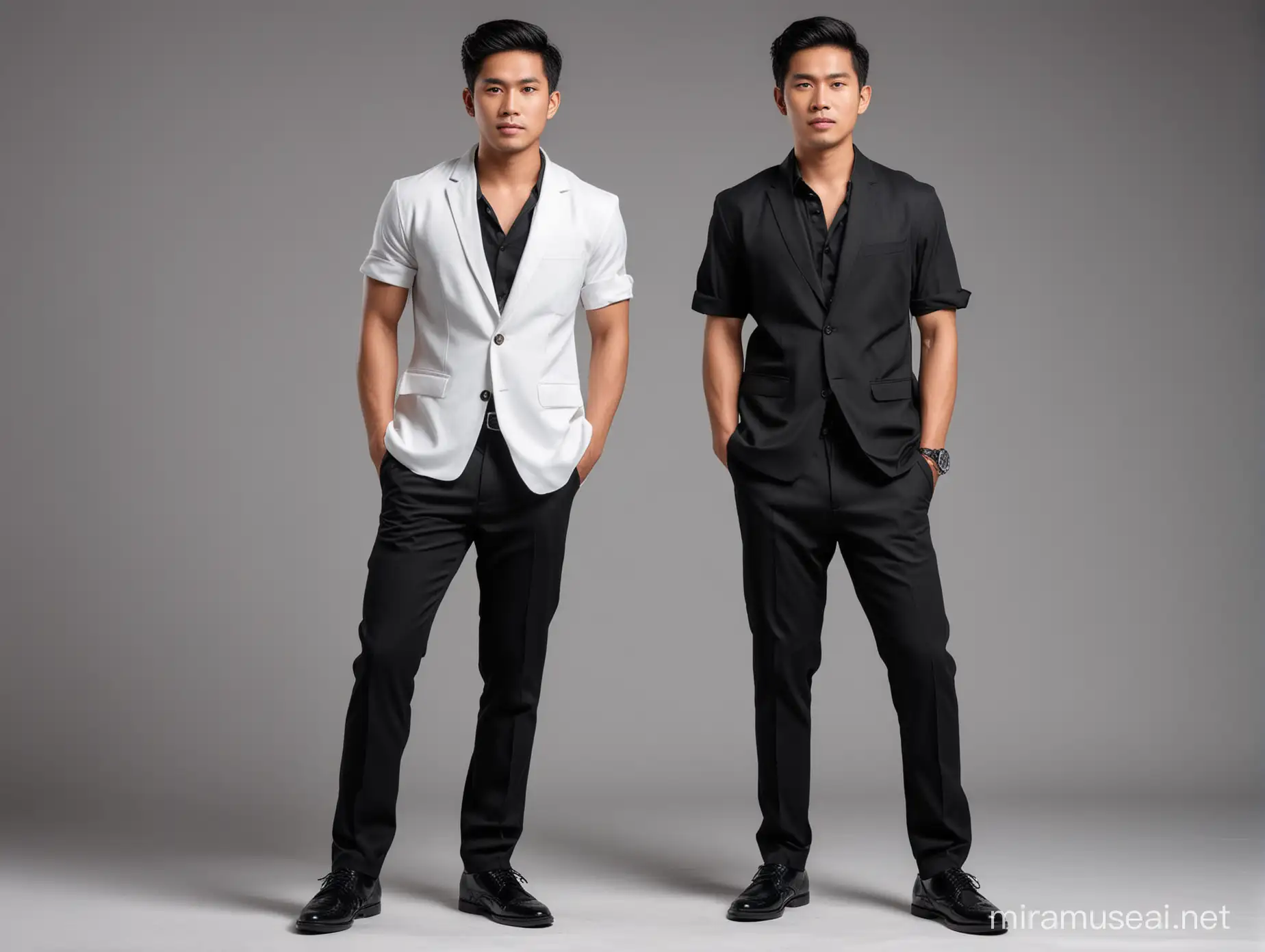 full body photo of 3 male, wearing black shirt and black long pants, white short sleeve suit outer, realistic photo in a plain studio background, indonesian faces