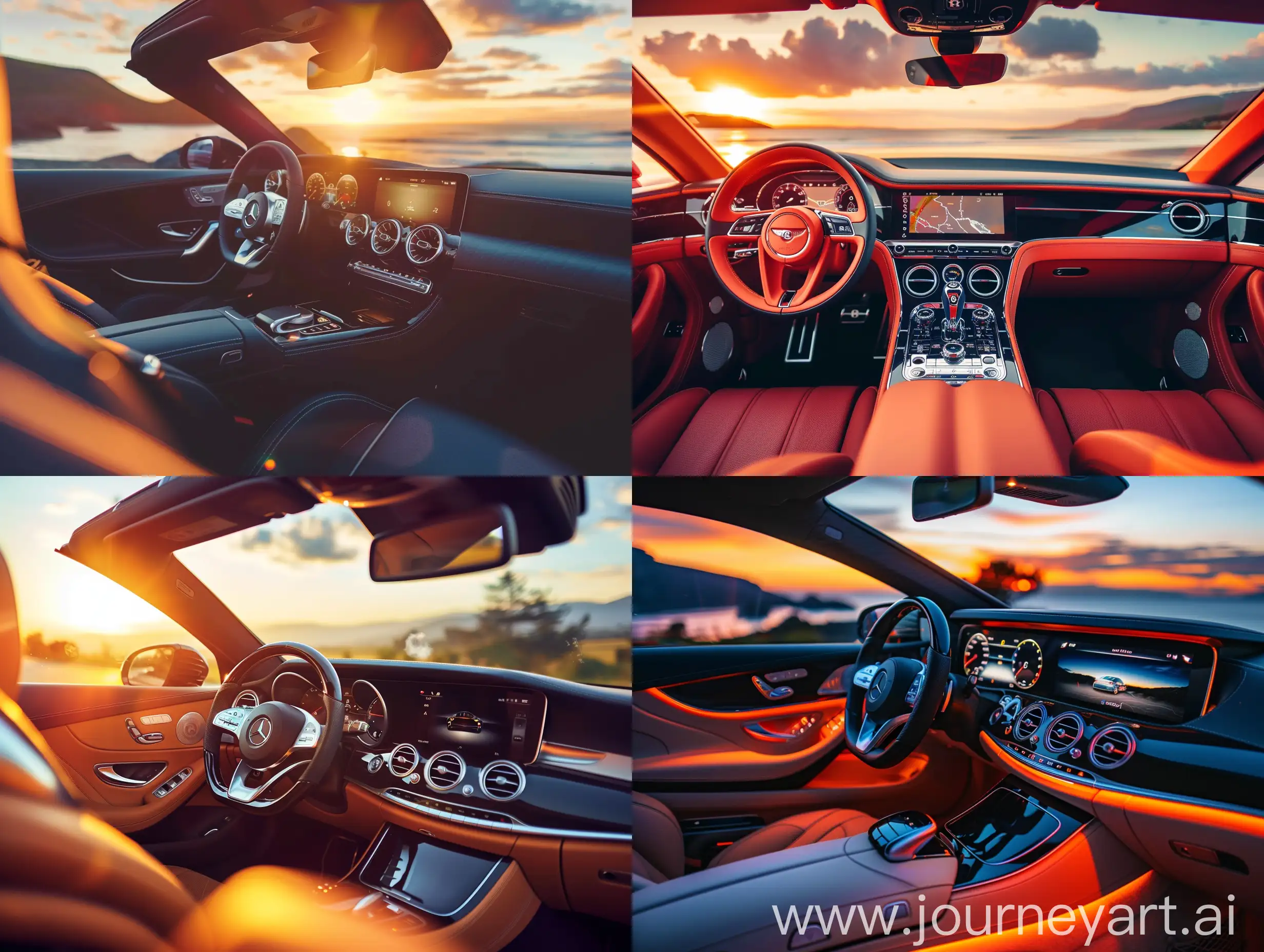 **Luxury car dashboard close up and seats sunset
