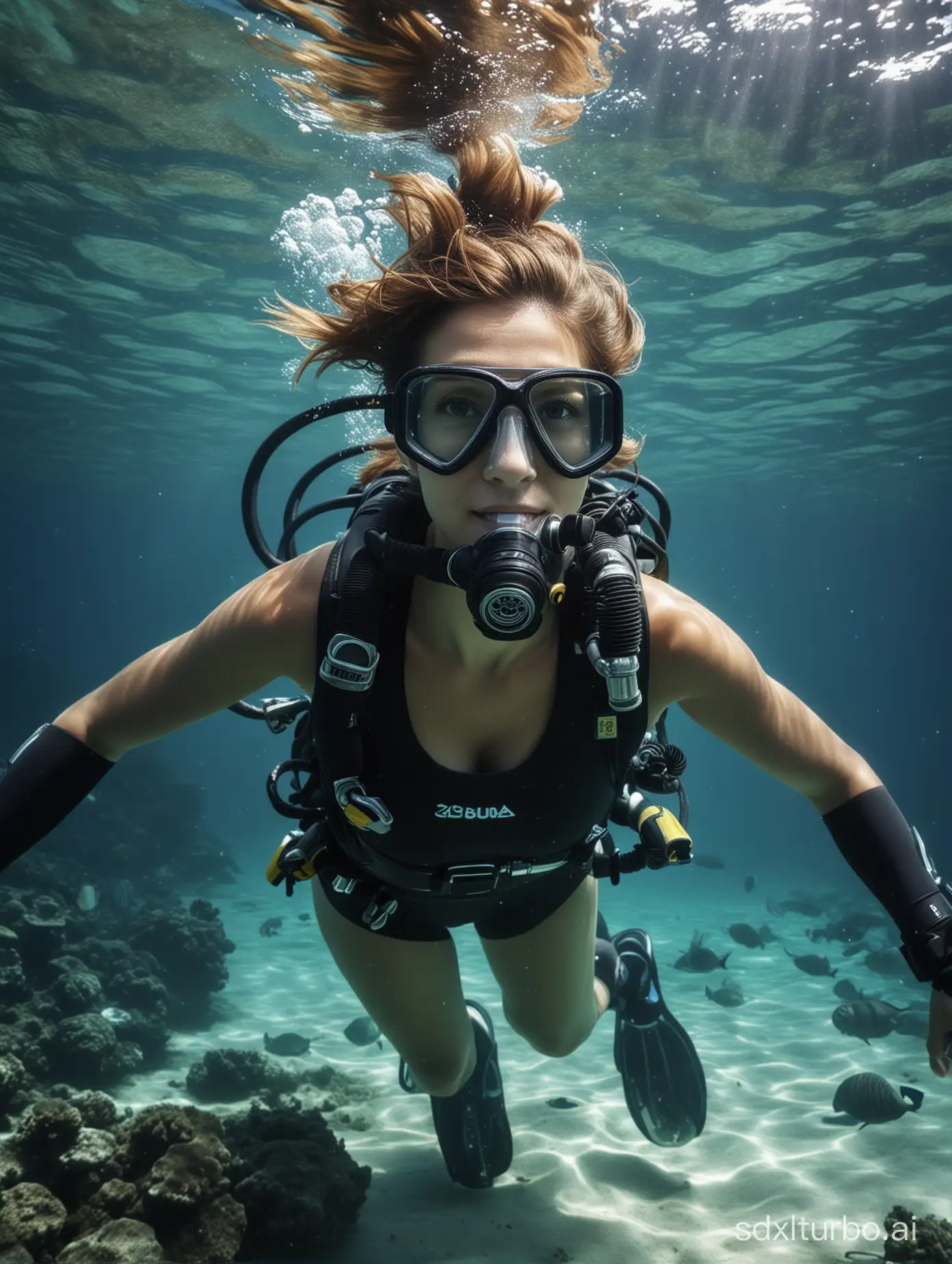 Create a photograph of a beautiful woman scuba diving. Full length, wide angle lens. Photorealistic. Cinematic style.