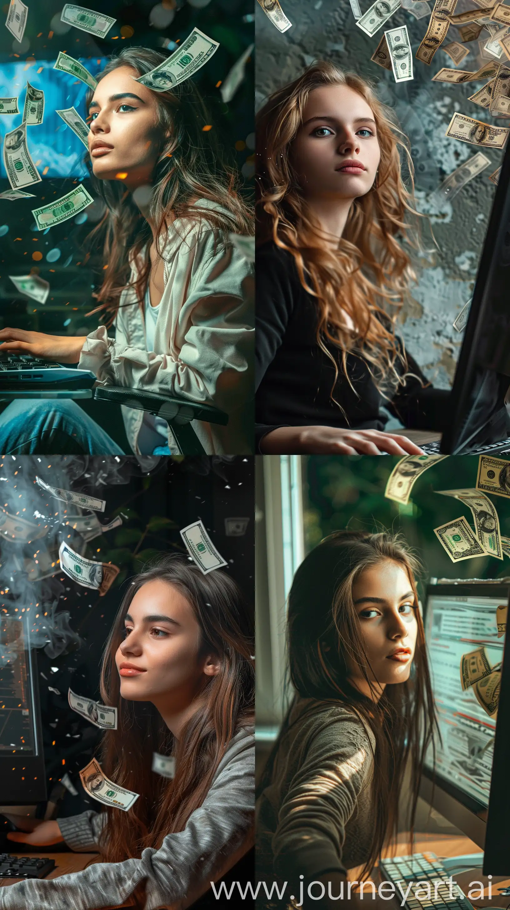 Young-Woman-Surrounded-by-Flying-Dollars-in-HyperReal-Computer-Scene