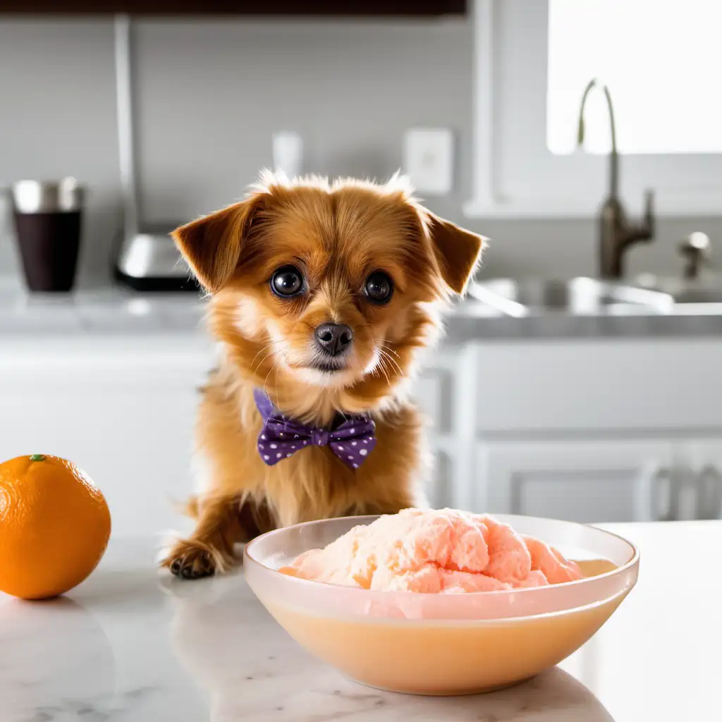 a small dog looking at a bowl of orange sherbert on the kitchen counter with wide eyes