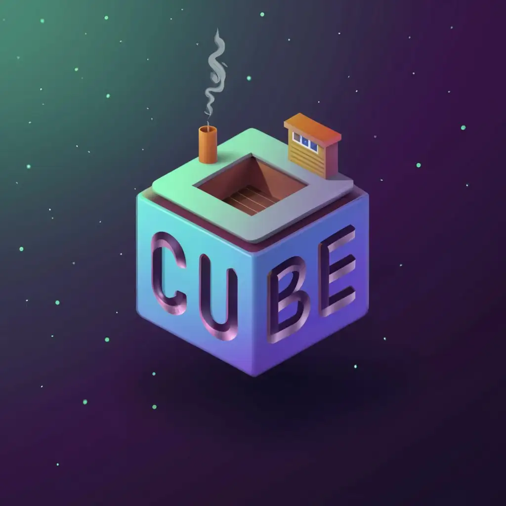 Design a logo featuring a 3D cube where the word 'CUBE' is written on two sides. The cube should be stylized to resemble a home, conveying a sense of comfort and security.