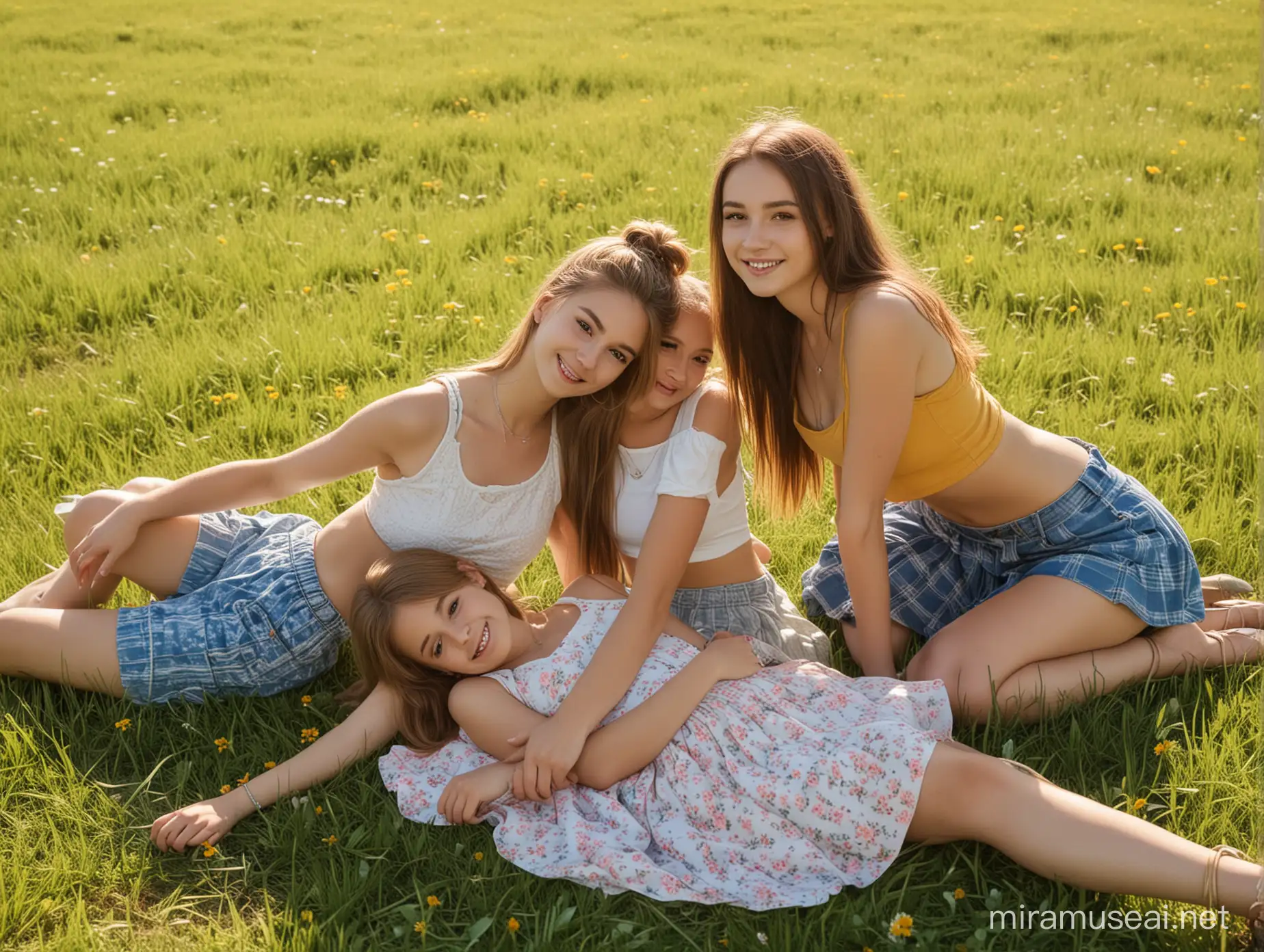 surrounded by pretty teen girls with long hair wearing cute crop tops and skirts, relaxing on the grass in a sunny field