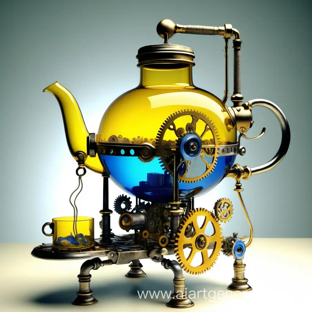 Стимпанк натюрморт, стеклянный сосуд, расположенный горизонтально, на тонких металлических ножках, с носиком чайника впереди, металлическими шестеренками позади, в желто-синей гамме