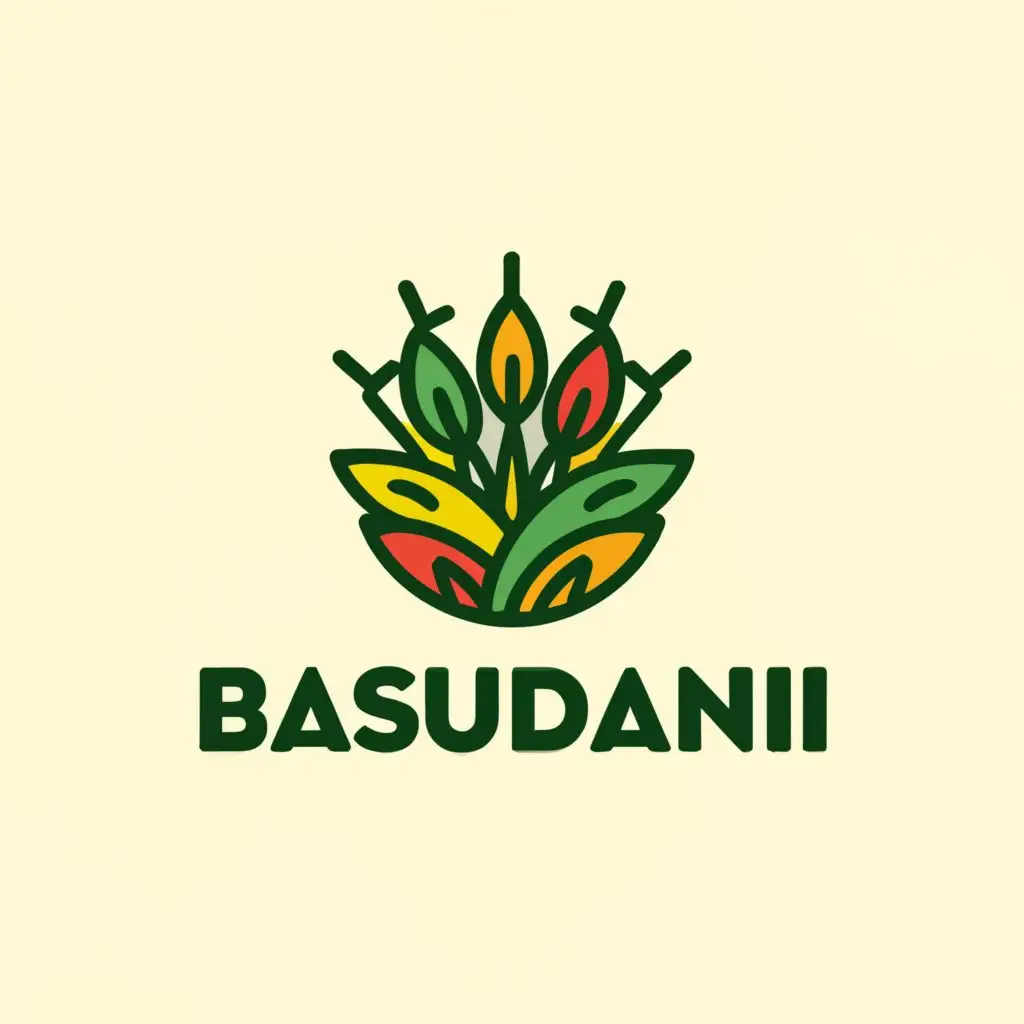 a logo design,with the text "Basudani", main symbol:Use simplified silhouettes or outlines of banana bunches, coconut palms, and rice stalks to represent the crops. Ensure that each silhouette is easily recognizable and distinct. Arrange the crop silhouettes in an interwoven manner, as if they are dancing or intertwining with each other. Incorporate subtle elements like confetti, sparkles, or small fruits to add a hint of celebration to the design without overwhelming the composition. Choose a balanced and legible font for the brand name 'Basudani,' positioning it either below or beside the crop composition. Ensure that the typography complements the overall design and maintains readability. Opt for a vibrant yet harmonious color palette to reflect the diversity and vitality of the crops. Use shades of green for the banana and coconut silhouettes, golden yellow for the bananas, and warm brown for the rice stalks. Add pops of color for the celebration accents, keeping the palette cohesive and balanced.,Moderate,clear background