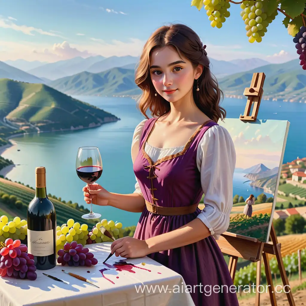 девочка грузинка с кистью для рисования в руках, на фоне гор и моря, виноград на поле, на ближнем плане находиться мольберт и бутылочка вина и стакан на столе

