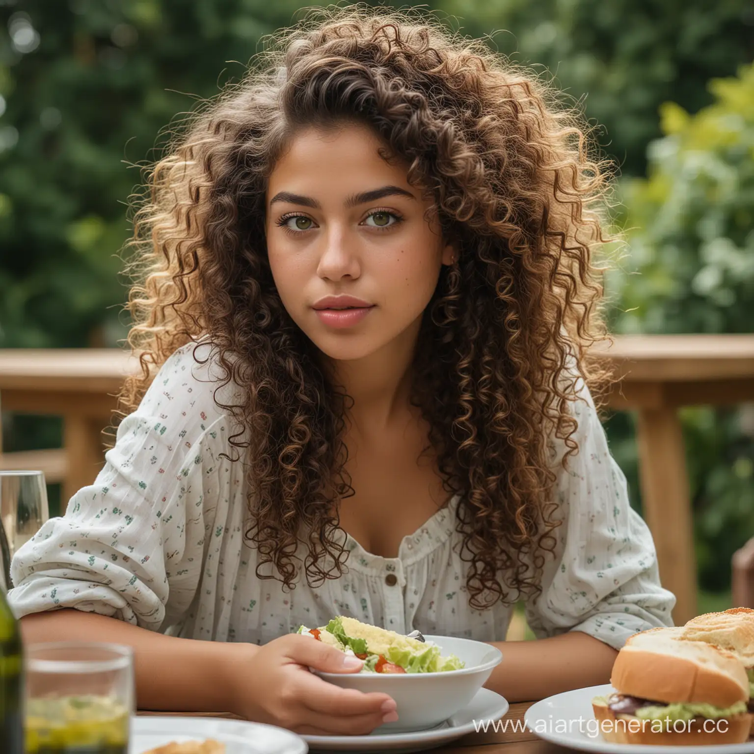 gritty candid raw full-body photo of a young 18 year old beautiful, big lips, Curlyhaired Curvy Mixed Danish Venezuelan Brunette with green eyes, very sexy modern sitting down picnic eating lunch at table sandwich wine can see entire body shot with Sony Alpha A6500 1.4f, bokeh, highly detailed, masterpiece 