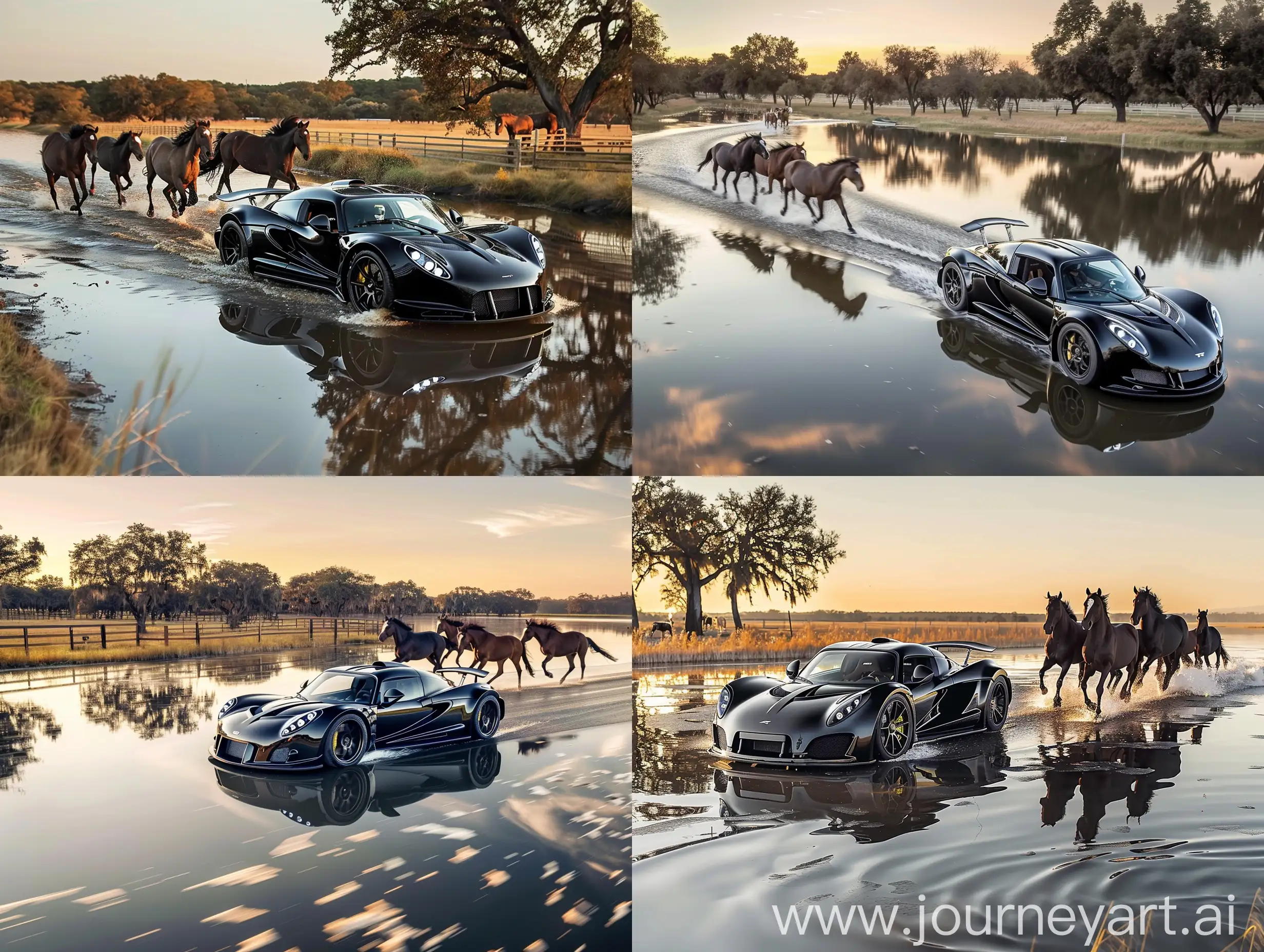 Photo of a hennessey venom gt running on top of a lake along with wild stallions running behind the car