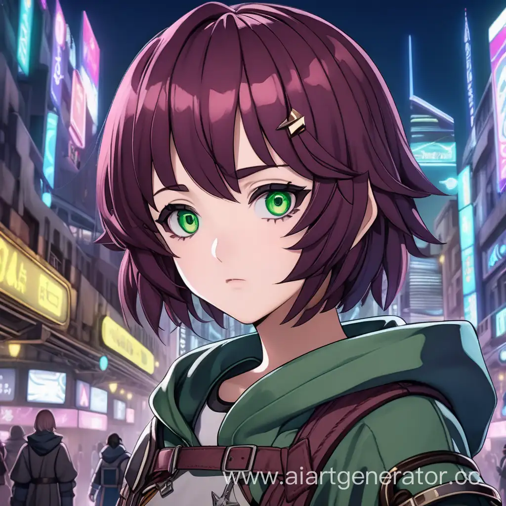 A wanderer girl with short burgundy hair and green eyes in the setting of the cyberpunk of the Middle Ages in the style of the anime game Honkai star rail