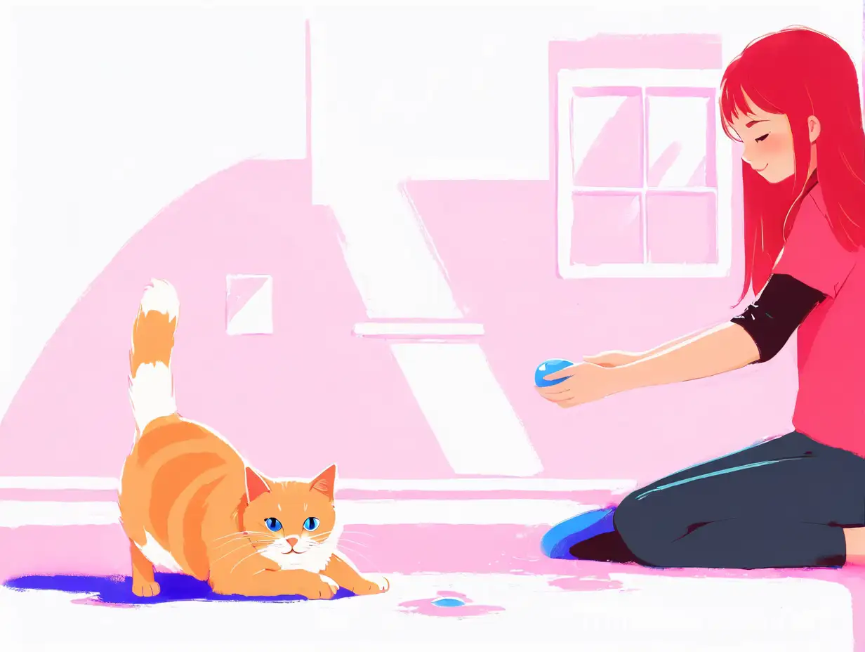 Картинка в ярко розовом и ярко синем цвете. девушка играет с кошкой. 
