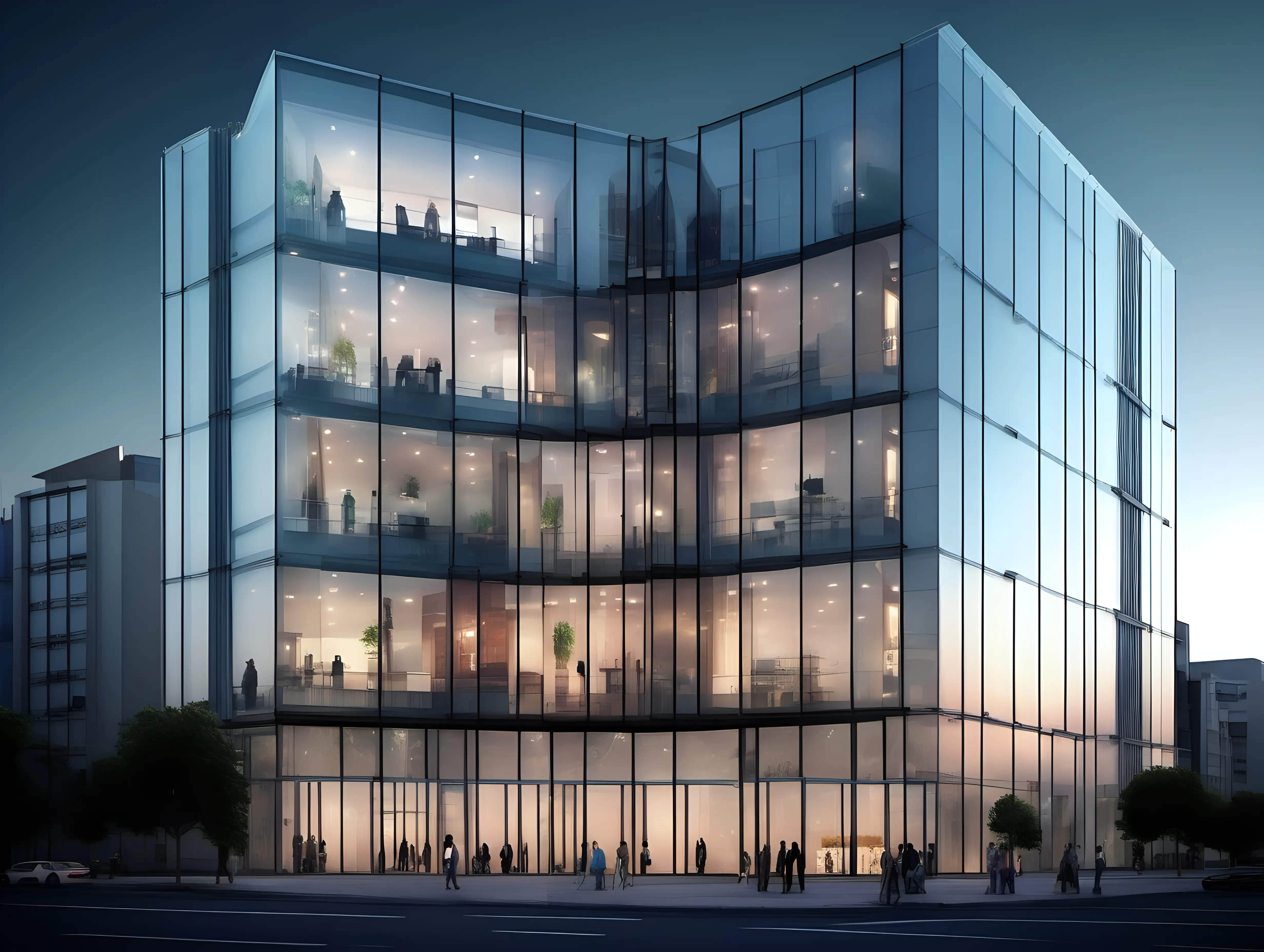 Modern ThreeStory Glass Facade Building in Urban Evening Scene