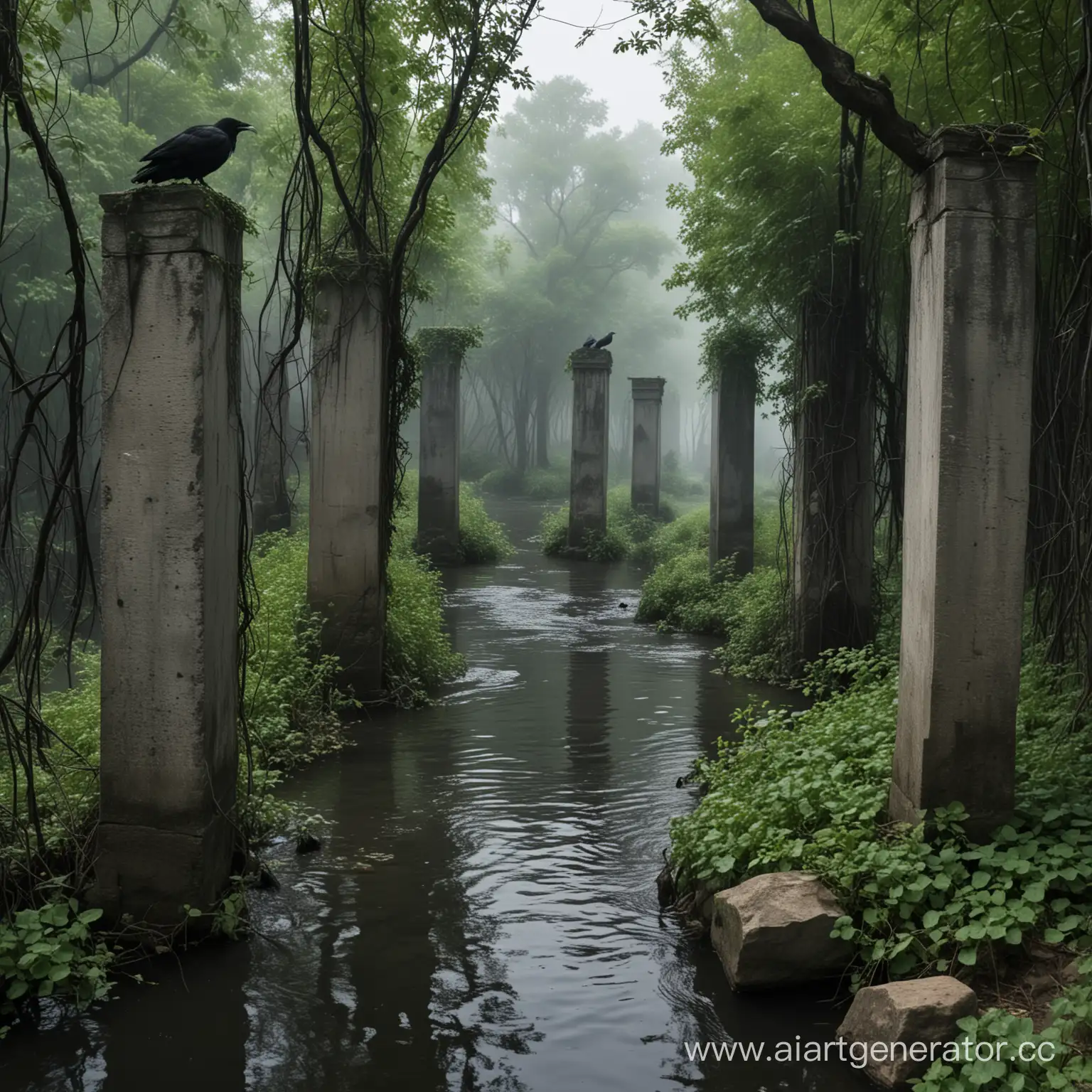 Eerie-Stone-Pillars-Enveloped-in-Vines-by-a-Deep-Black-River