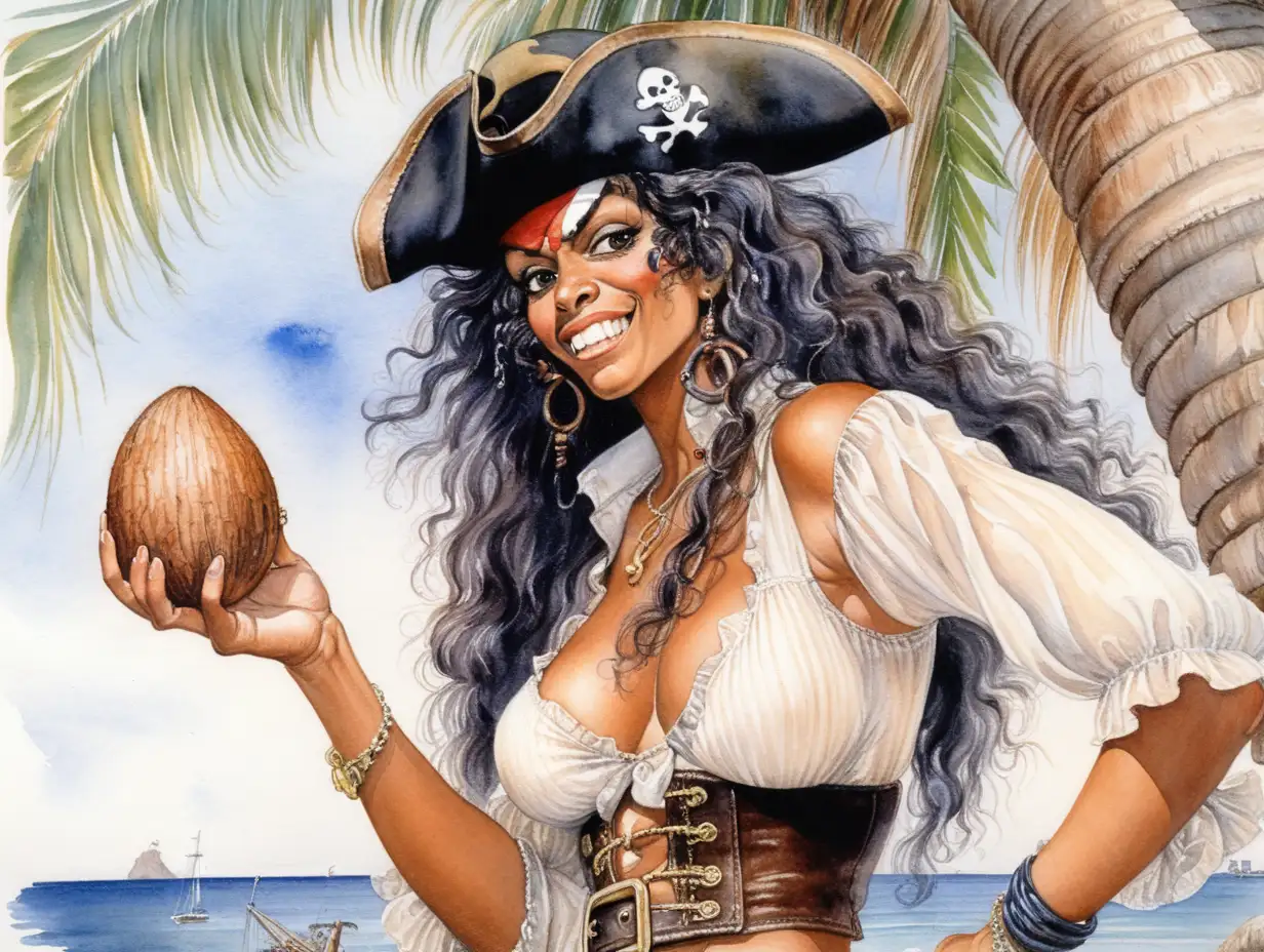 La Isla del Tesoro,mujer mulata pirata mordiendo coco,Milo Manara, acuarela