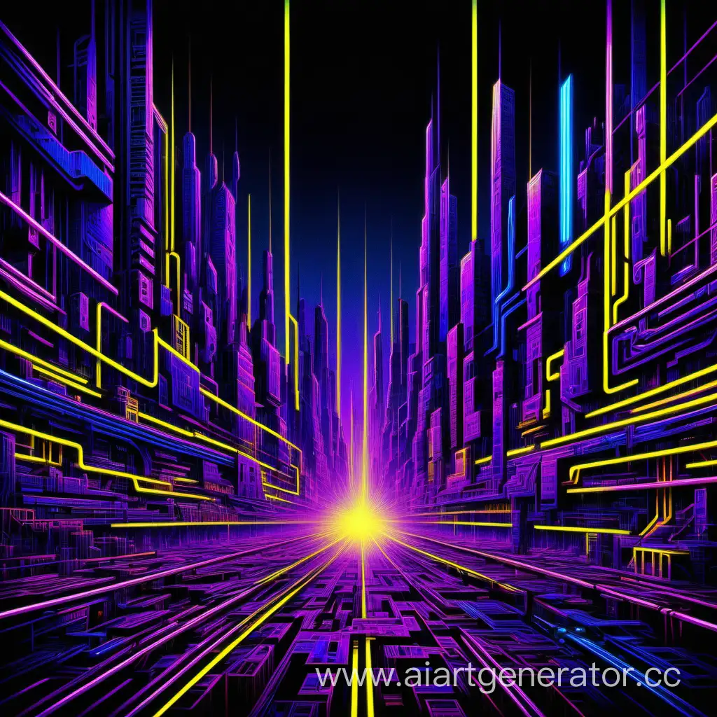 "Neon World" is a cyberpunk painting in which blue, purple, pink and yellow lines appear against a black background, creating an intricate and unusual image. This is a generative art that penetrates into the fantastic world of the future, where incredible technologies and innovations create unexpected shapes and images. This picture awakens the imagination and inspires dreams of the future.