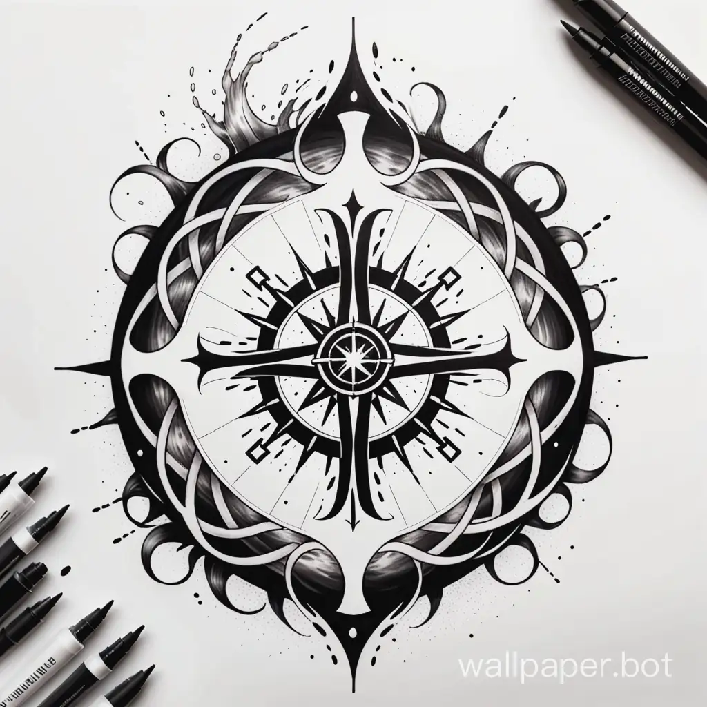 wheel of the winds, wind, fire, water, earth, cross lineart tattoo, explosive chaos blackwork, organic lines, dense horror lines, white background, fluid dripping ink