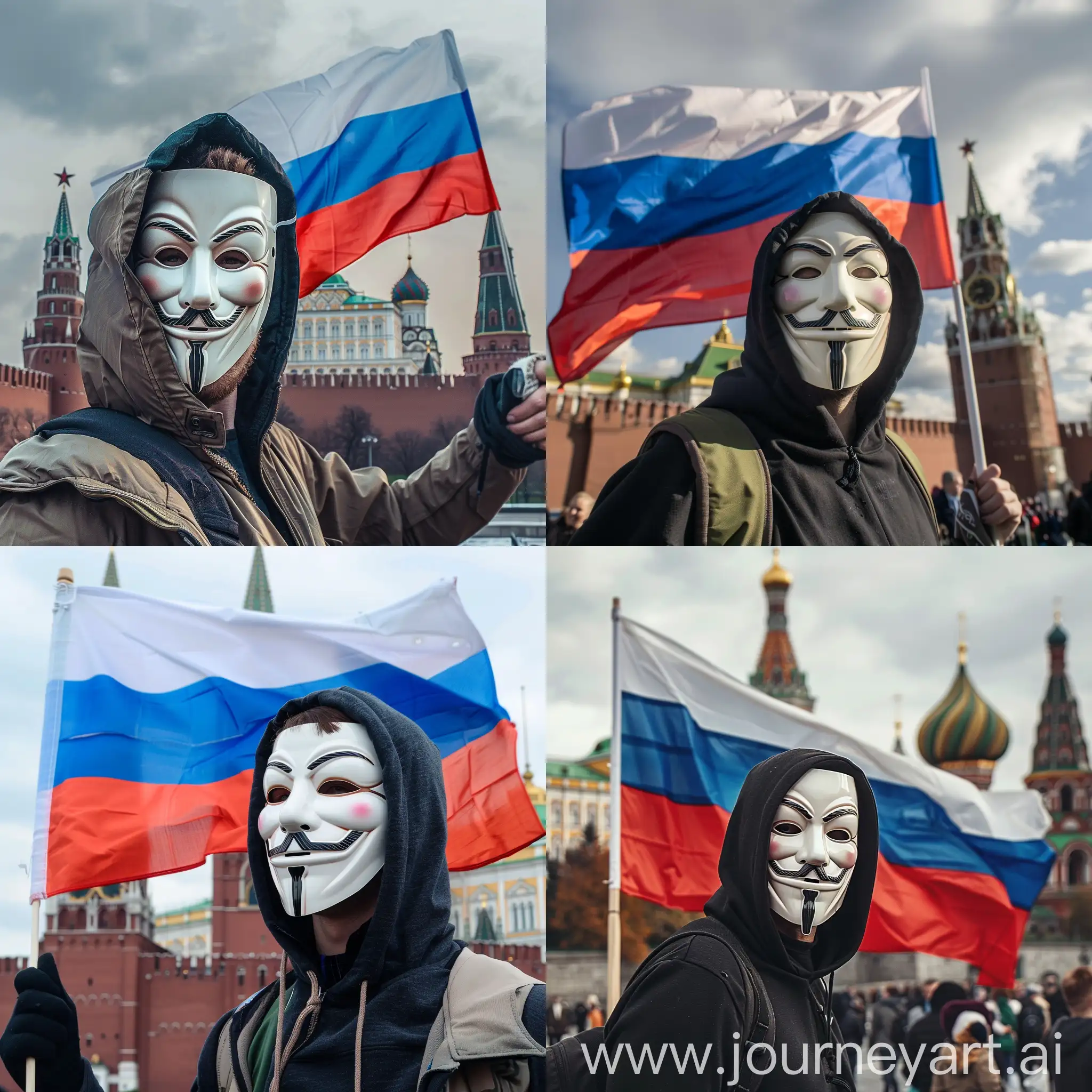 A man in an anonymous mask with a Russian flag on the background of the Kremlin