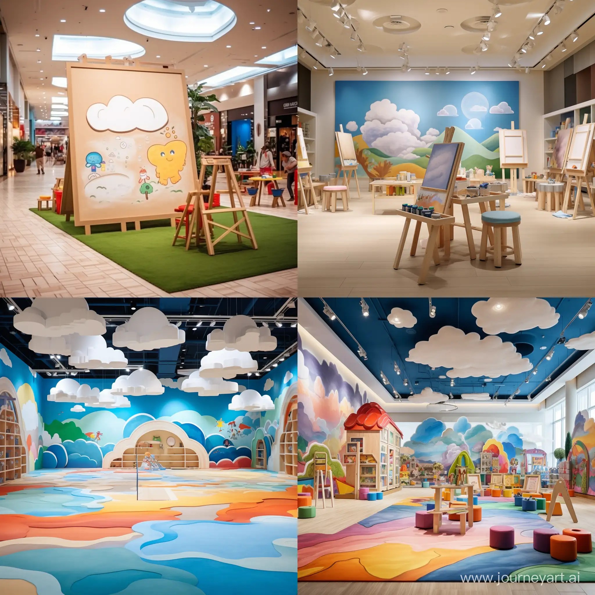 Креативная игровая детская  комната  в торговом центре , детская лазелка, игровой лабиринт, космос, облака, небо, трава