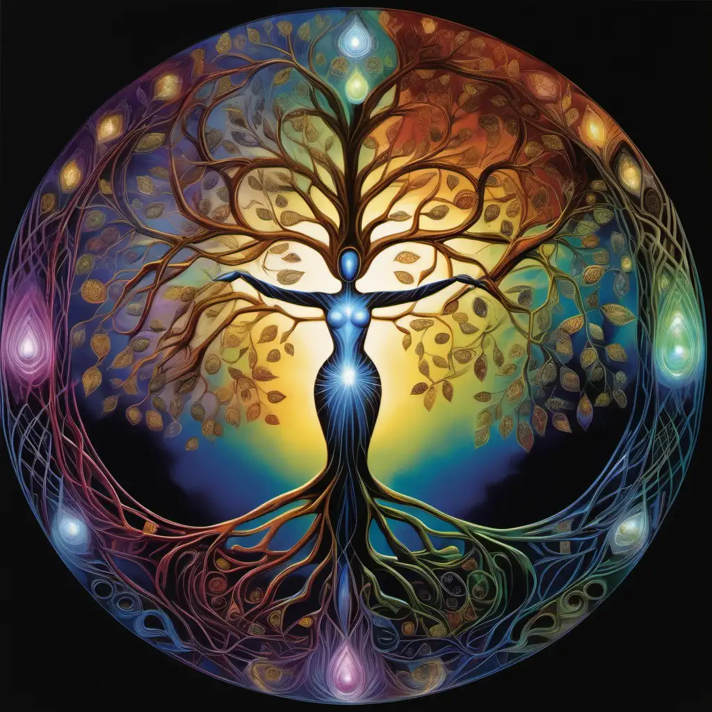 An image of the Tree of Life shaped like a woman, The tree radiates light, creating a magical atmosphere, The female figure symbolizes growth and interconnectedness, with branches extending like limbs, The background exudes a mystical aura, rich jewel tone colors enhance the enchanting ambiance, This depiction combines nature's vitality with feminine grace, evoking a sense of wonder and spiritual connection through the luminous Tree of Life in the form of a woman, a circular etheric frame surrounds image
