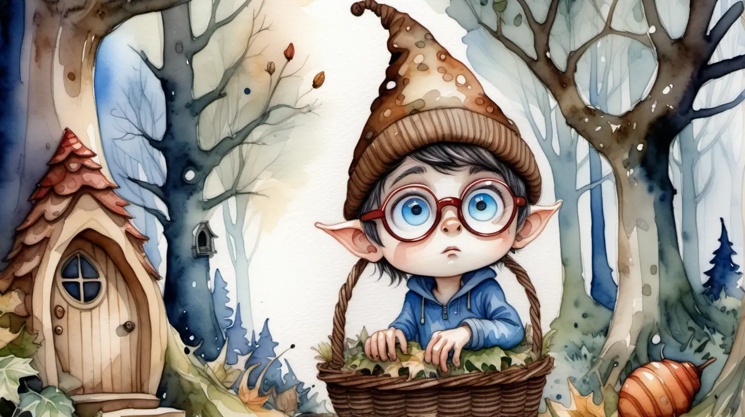 A watercolour painting of a puzzled darkhaired blueeyed boypixie in a brown acorn hat and glasses scratching his head. outside a fairy house. A basket is upside down on his head








