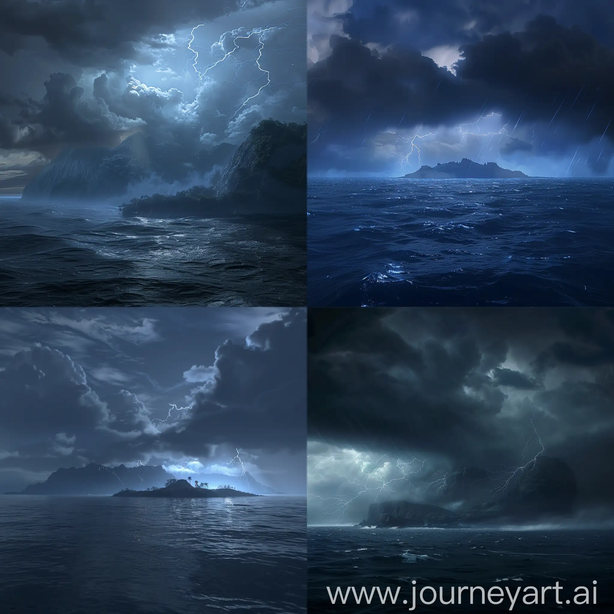 scenery, (no humans), dark ocean, clouds, thunder, (fog), island hidden, realistic, dreamy,32k, HDR