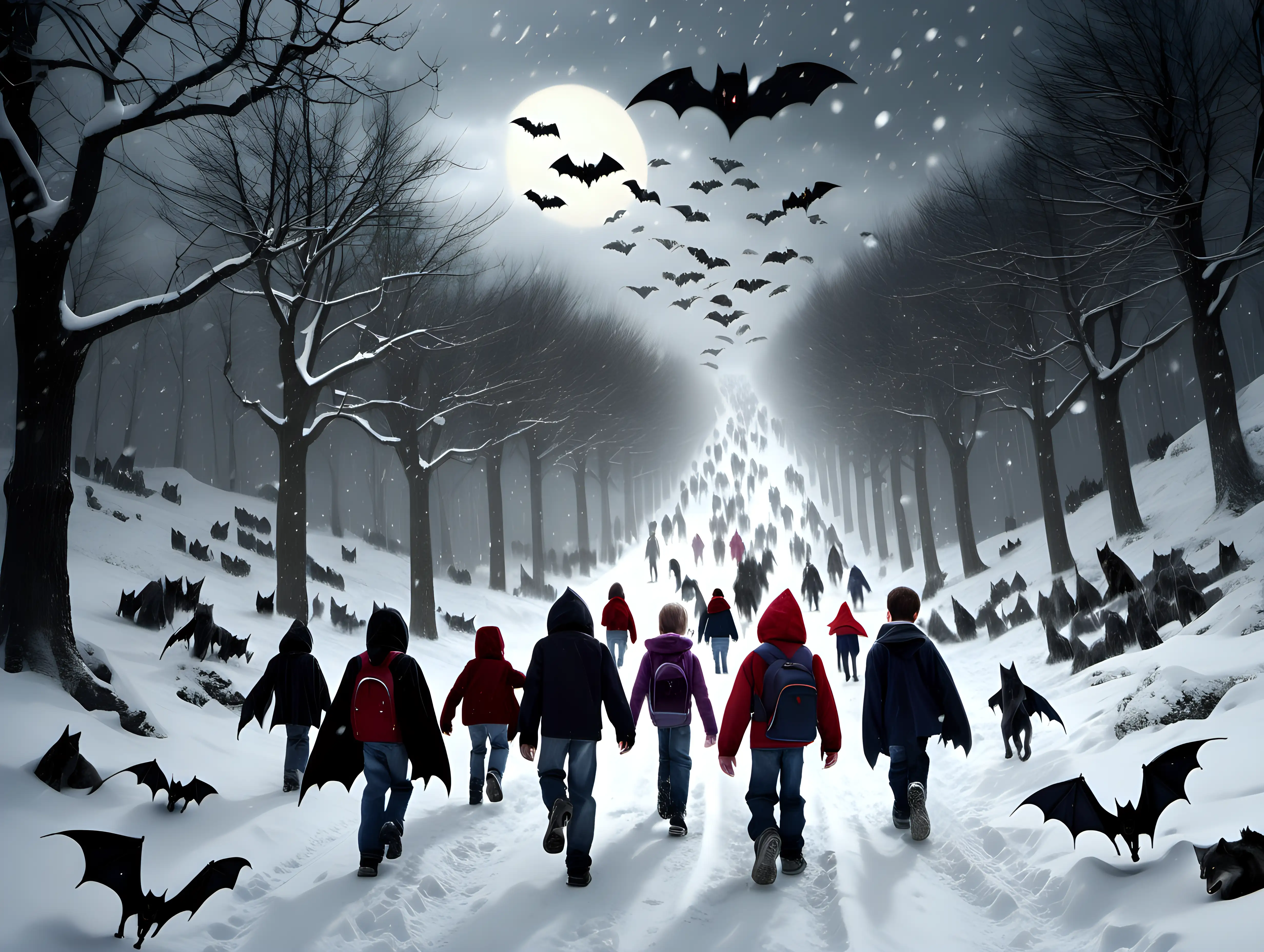 Brave Children Confronting Winters Supernatural Challenge on the Way to School
