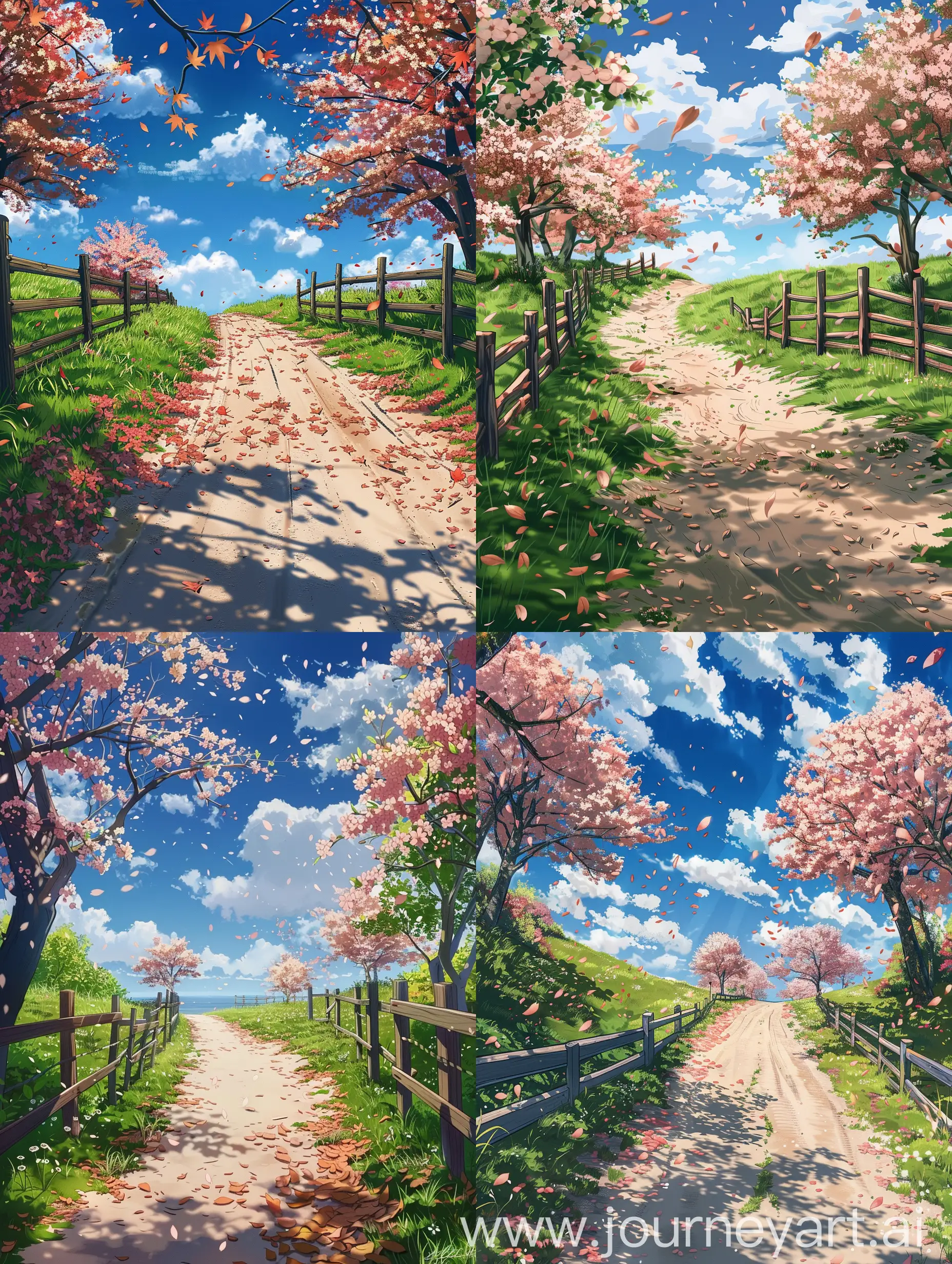 In the countryside, there is a narrow road between the grass, the sandy road is surrounded by two wooden fences, and the leaves of the cherry trees fall on that road.  There are a few cherry trees beside the road, the grass is green, and there are some flowers.  Blue sky, white clouds. Anime style.