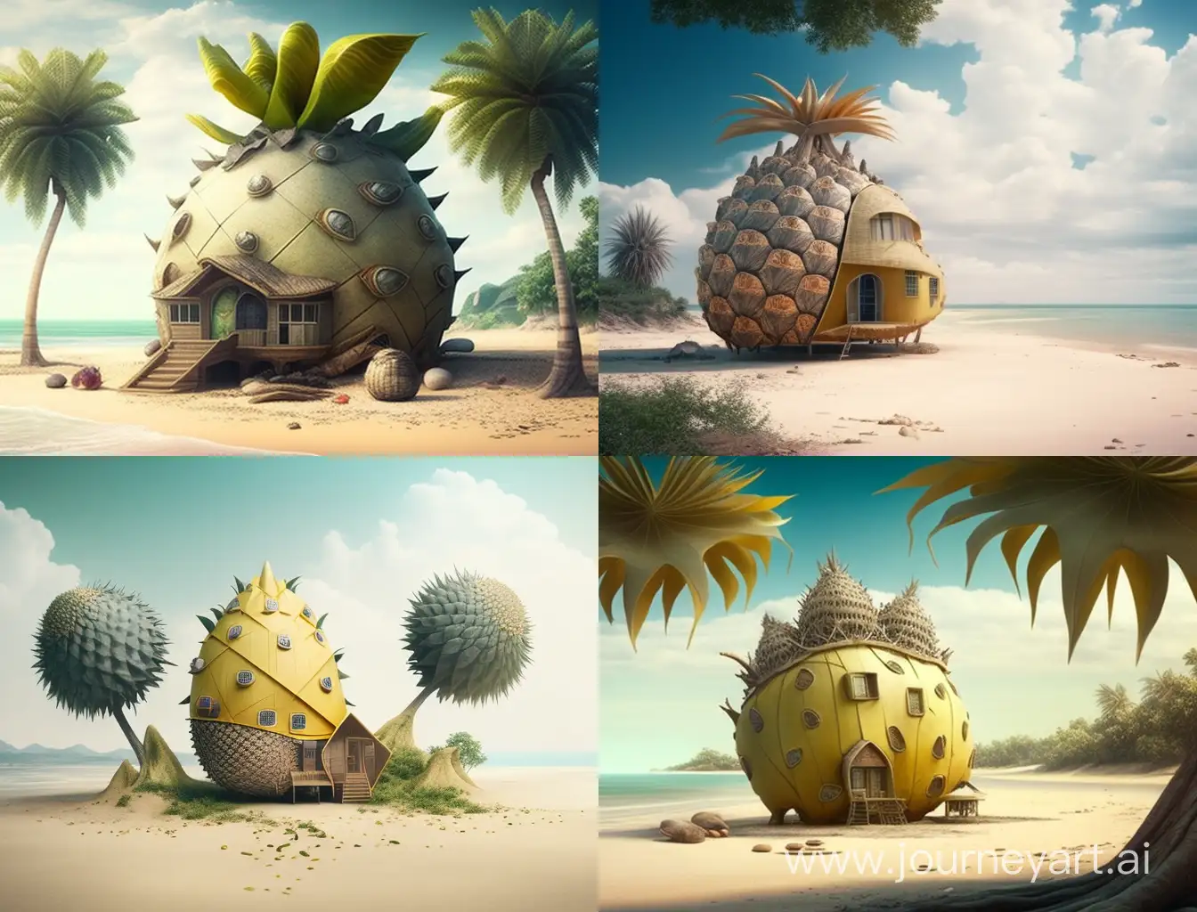 house in the shape of durian and banana, in the beach, fantasy style, realistic