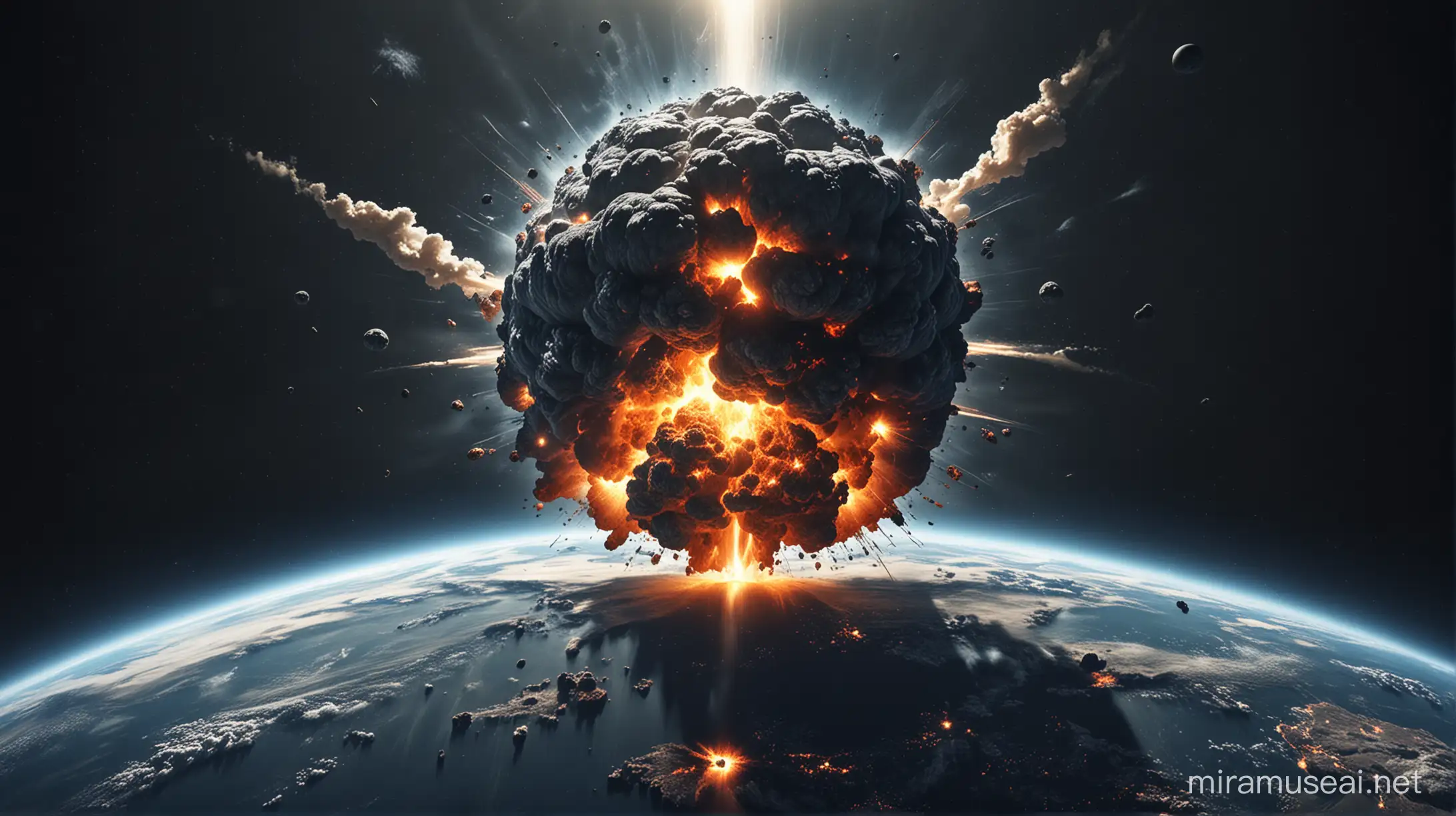 realistic image of the earth seen from space, with a dark appearance and the explosion of an atomic bomb symbolizing the self-destruction of the earth