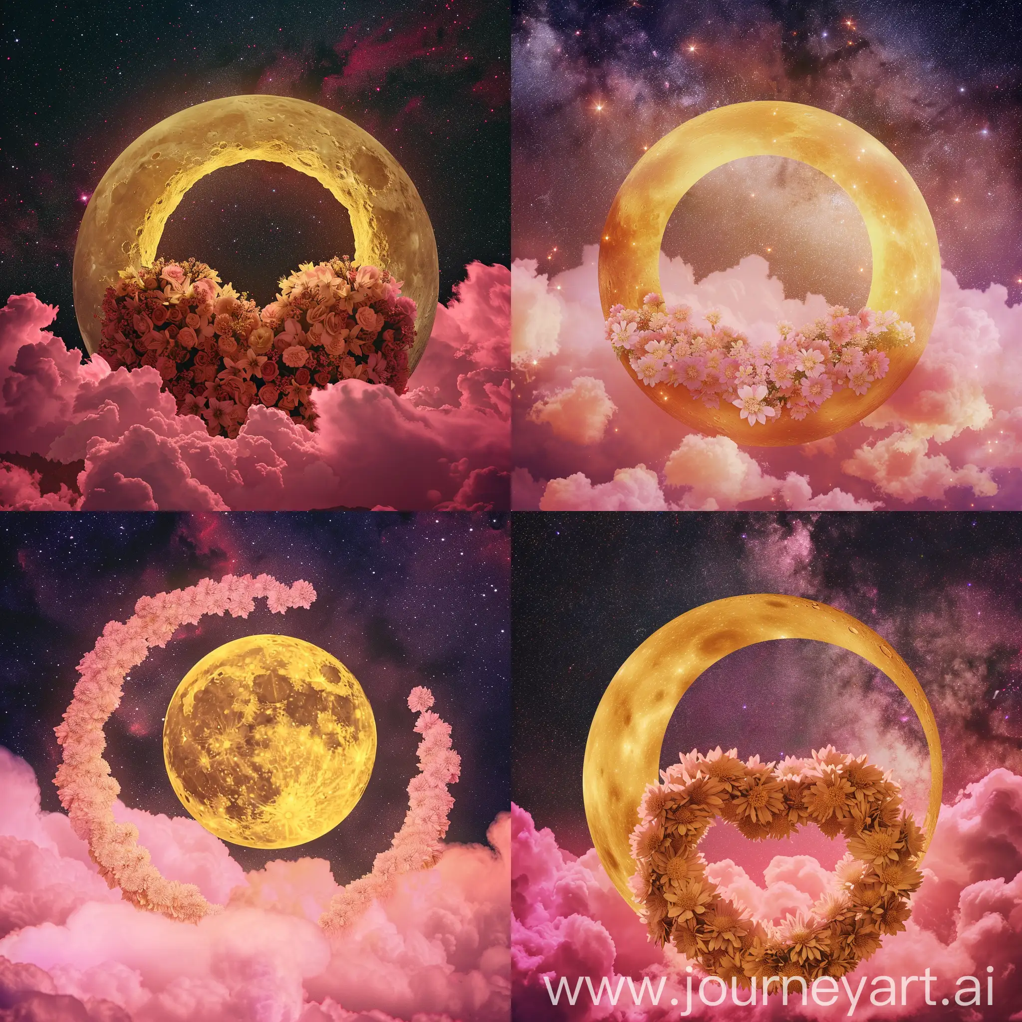 Pink-HeartShaped-Flower-Wreath-under-Yellow-Moonlight-in-Starry-Cosmos
