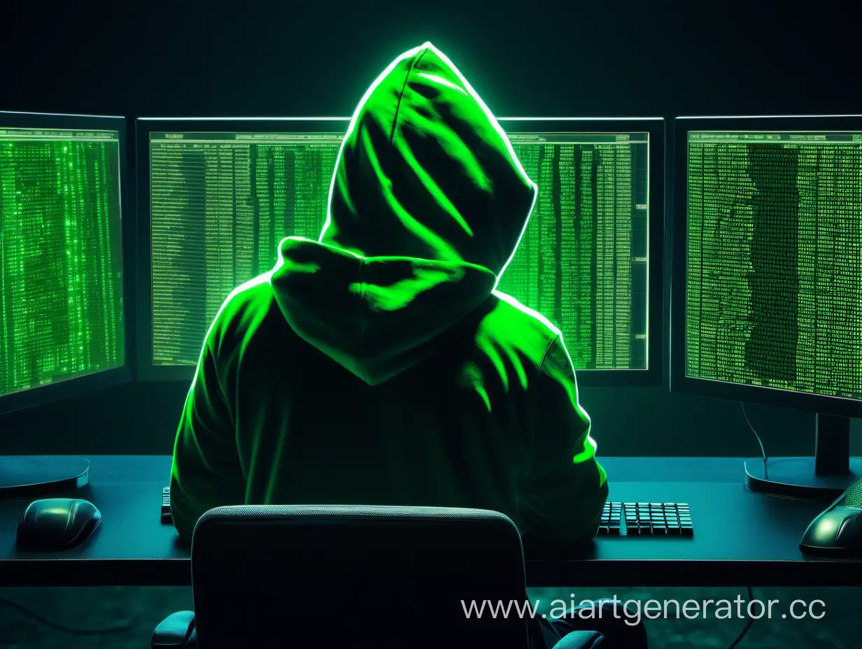 вид со спины мужчина в балаклаве - хакер в темном худи rimskij , взламывает Пентагон,  смотрит в экран компьютера , на экране зелëные цифры и буквы,  неоновое свечение, фотореализм, гипер реализм.