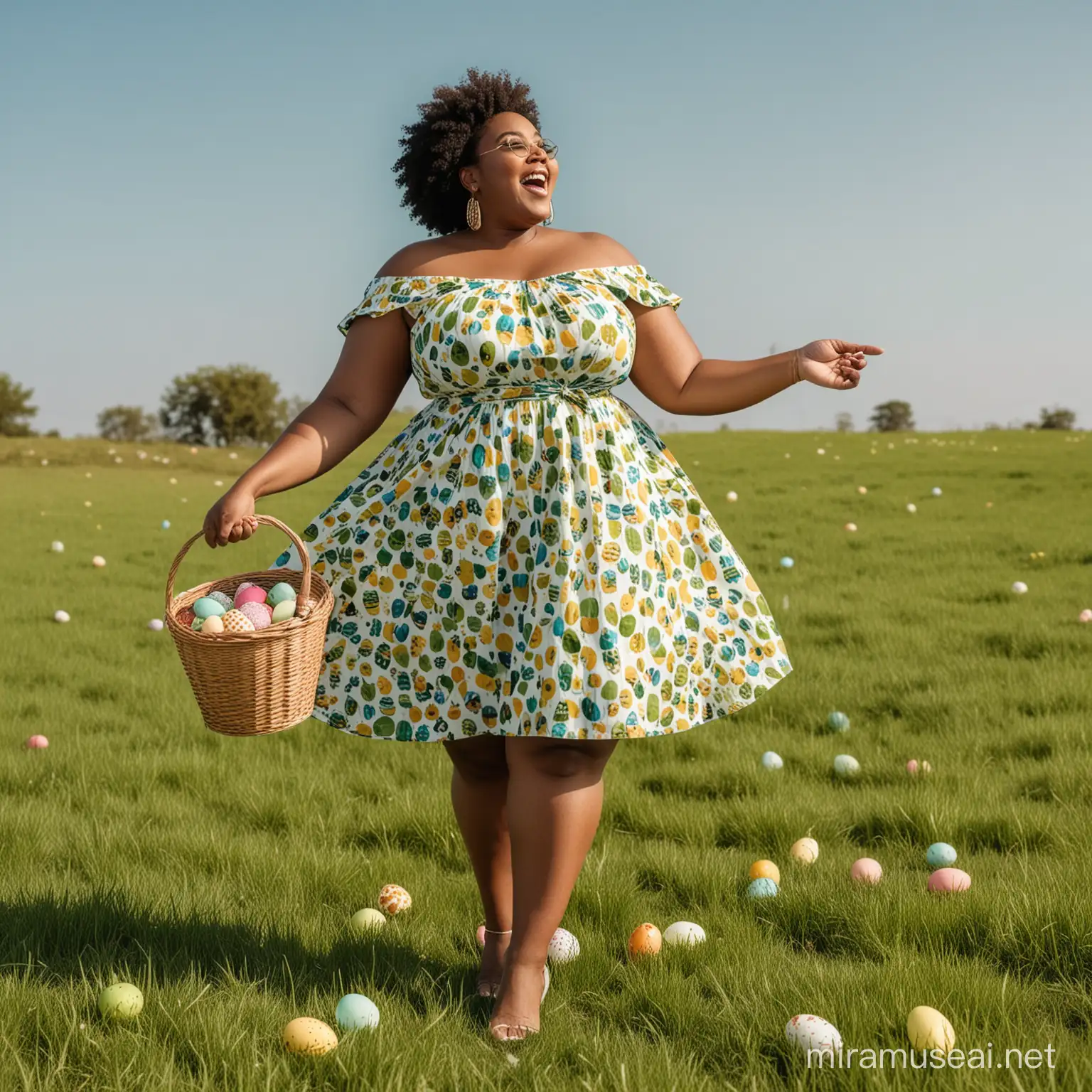 Gorgeous African plus size woman wearing a modern summer outfit,excited,holding Easter bucket,open field aesthetic background with very green grass,clear sky,Easter eggs scattered around,high quality,no errors 