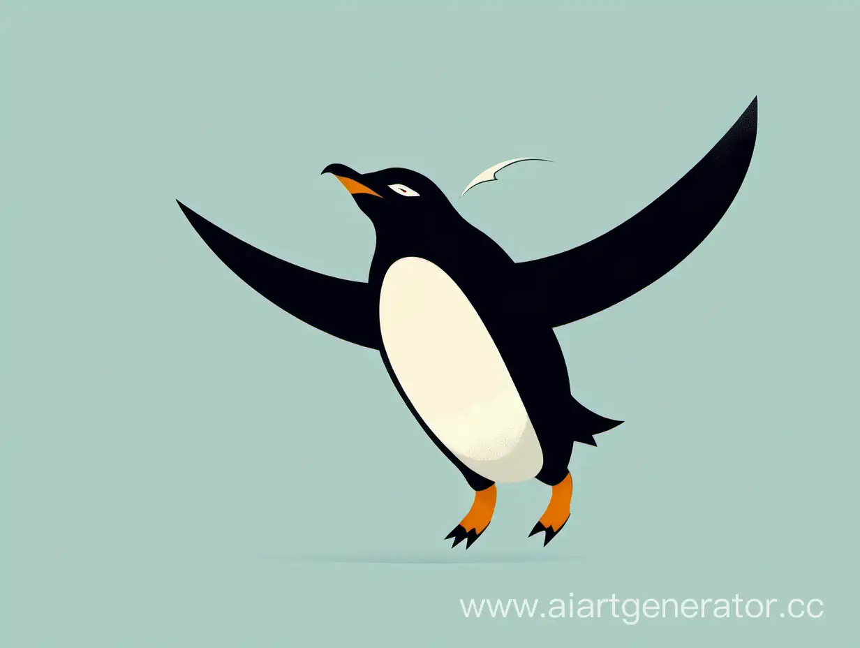Flying penguin in style of the grotesque and minimalism
